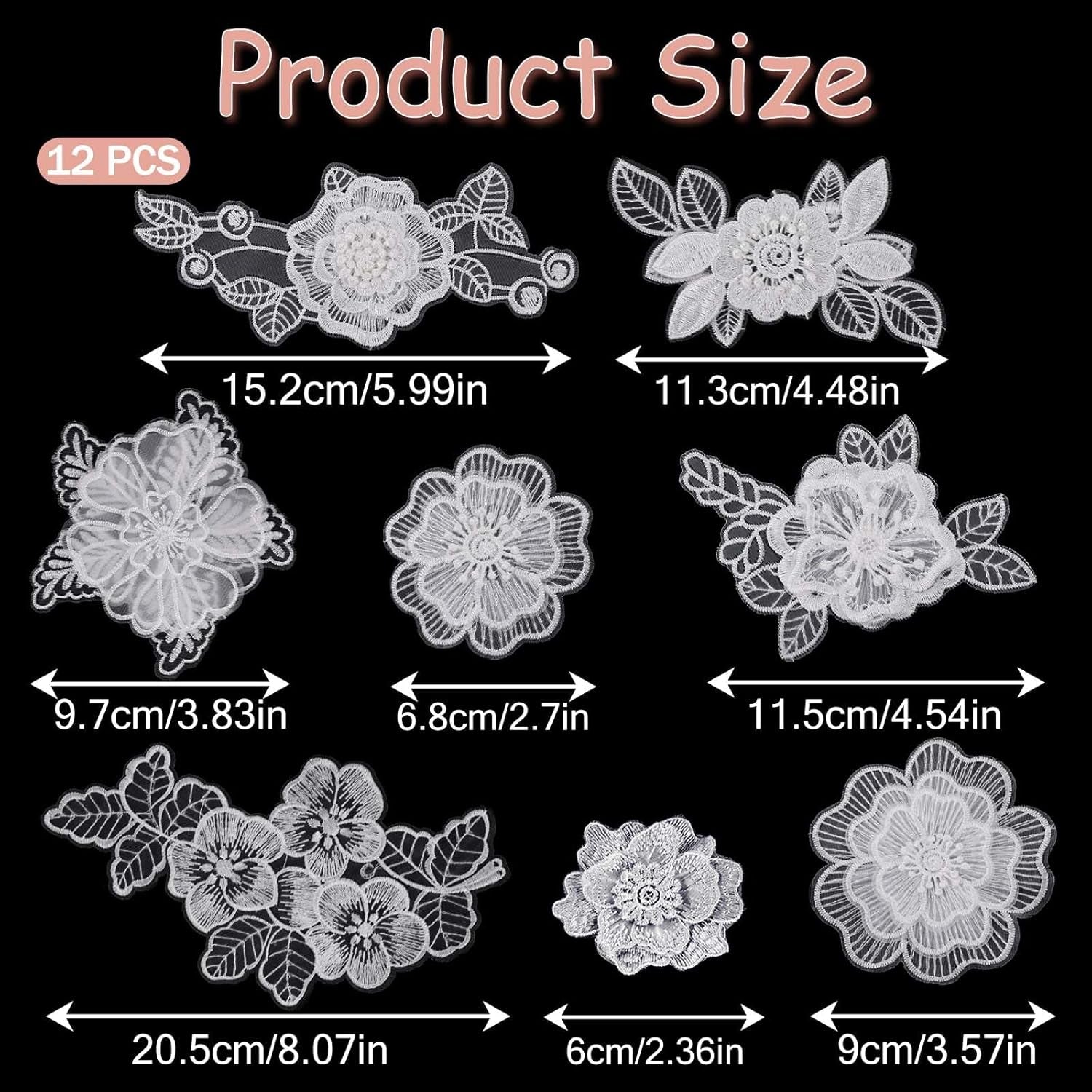 12 PCS Flower Applique White Lace Embroidered Flower Patches for Clothes 3D Floral Sew on Patches for Women'S Dress Jeans Sweater Hats Shoes Bags Clothes Repairing Decorating Wedding DIY Sewing Craft