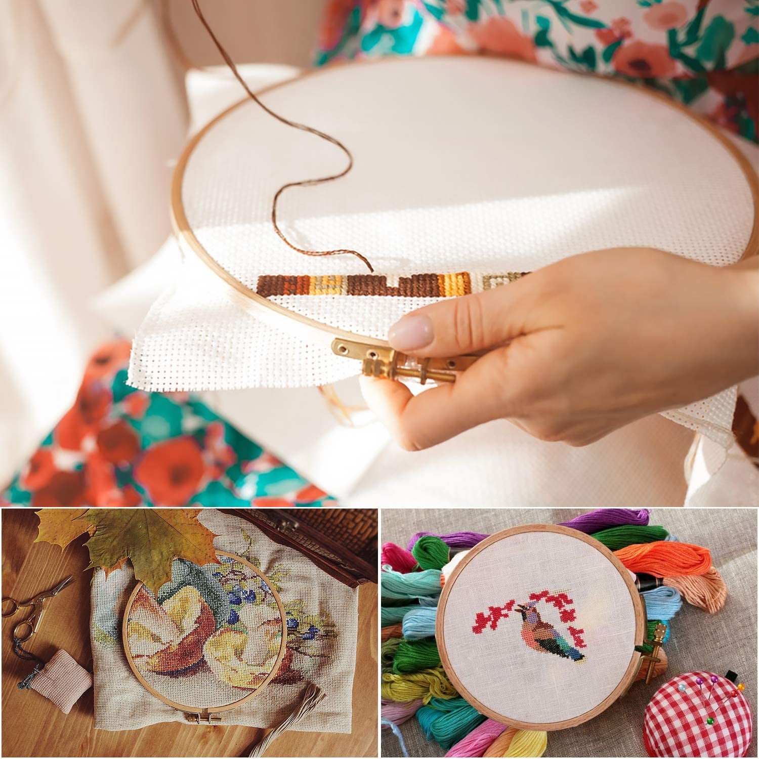 3 Pieces Beech Wood Embroidery Hoops Set by 4 Inch to 6 Inch Circle Hoop Ring Cross Stitch Cotton for DIY Embroidery Floss Starter of Sewing Art Kits Crafts