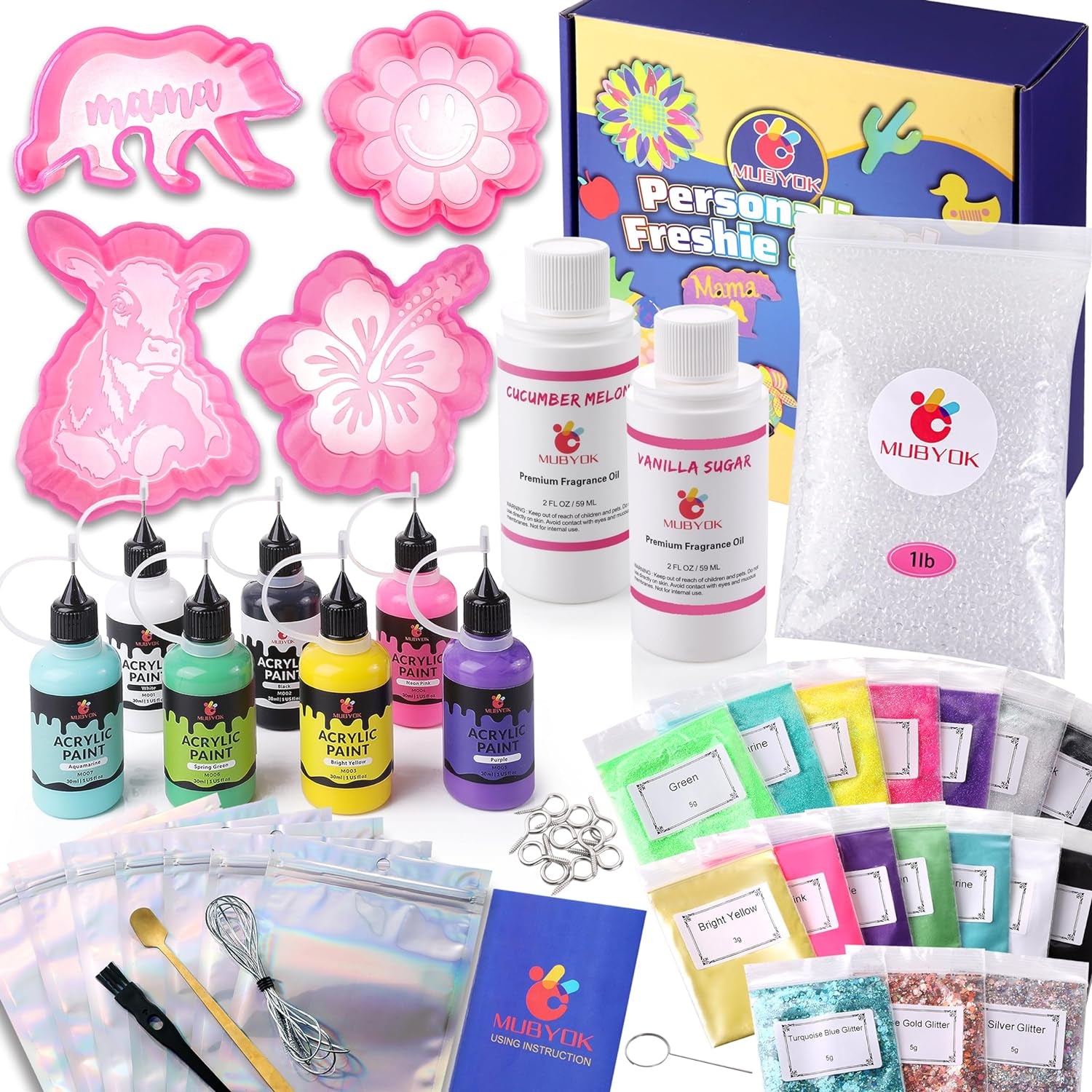 Car Freshies Supplies Starter Crafting Kit,Diy Freshie Making Kit with 1LB Unscented Aroma Beads,4 Oz Fragrance Oil,Freshies Silicone Molds，Acrylic Paint,Mica Powder,Glitter（Make 6 Freshie）