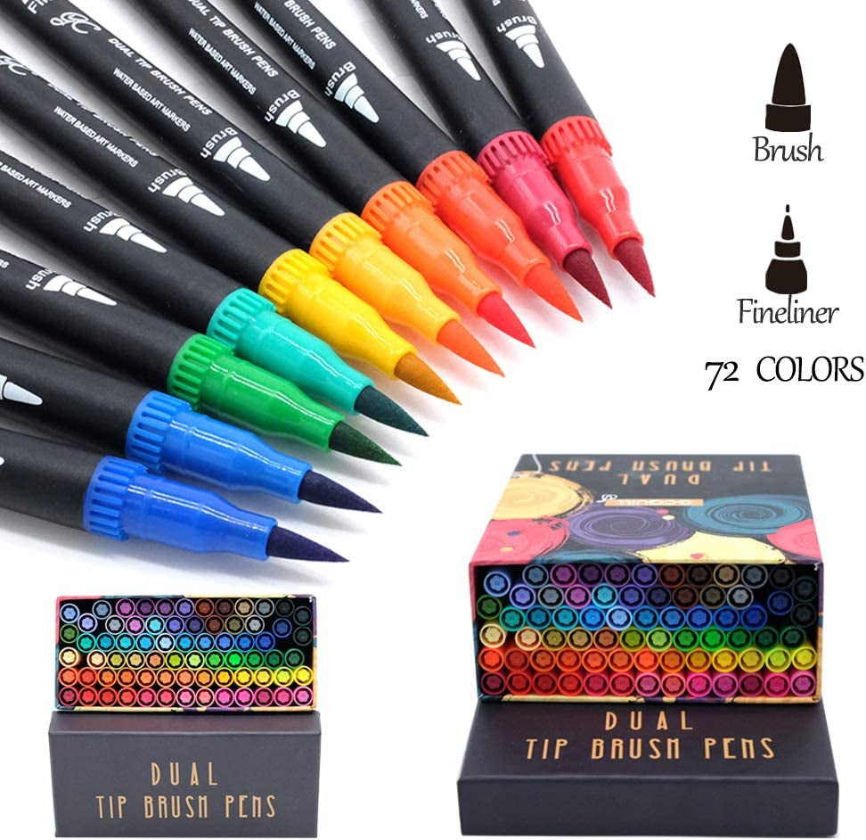 72 Colors Dual Tip Brush Pens Highlighter 72 Art Markers 0.4Mm Fine Liners & Brush Tip Watercolor Pen Set for Adult and Kids Coloring Books, Calligraphy, Hand Lettering, Note Taking