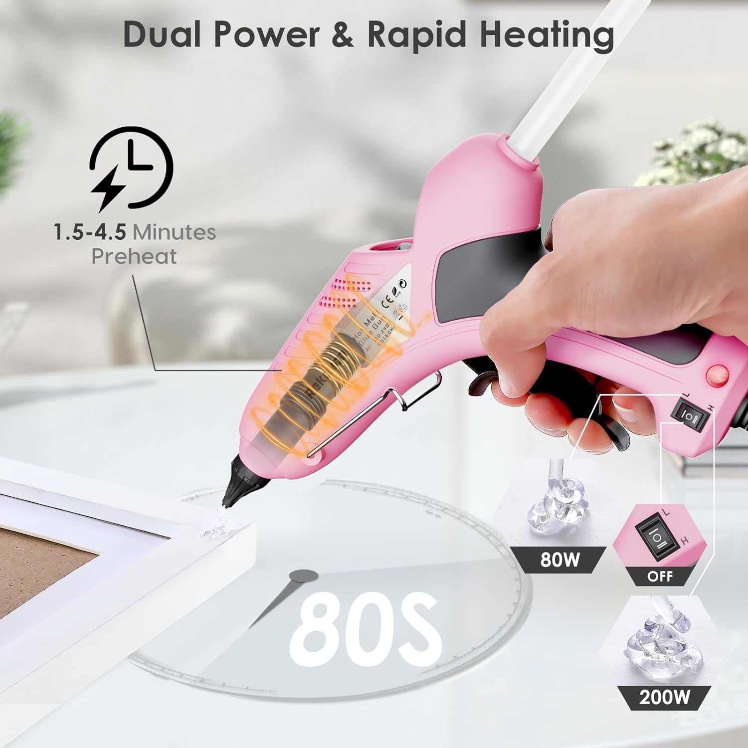 Hot Glue Gun,  Pink Glue Gun Kit Full Size, 80/200W Dual Power, ON/OFF, with 20 Transparent&amp;10 Colored Glue Sticks(7/16&quot;), Fast Preheating Heavy Duty Glue Gun for Crafts, DIY, Arts, Home Repair