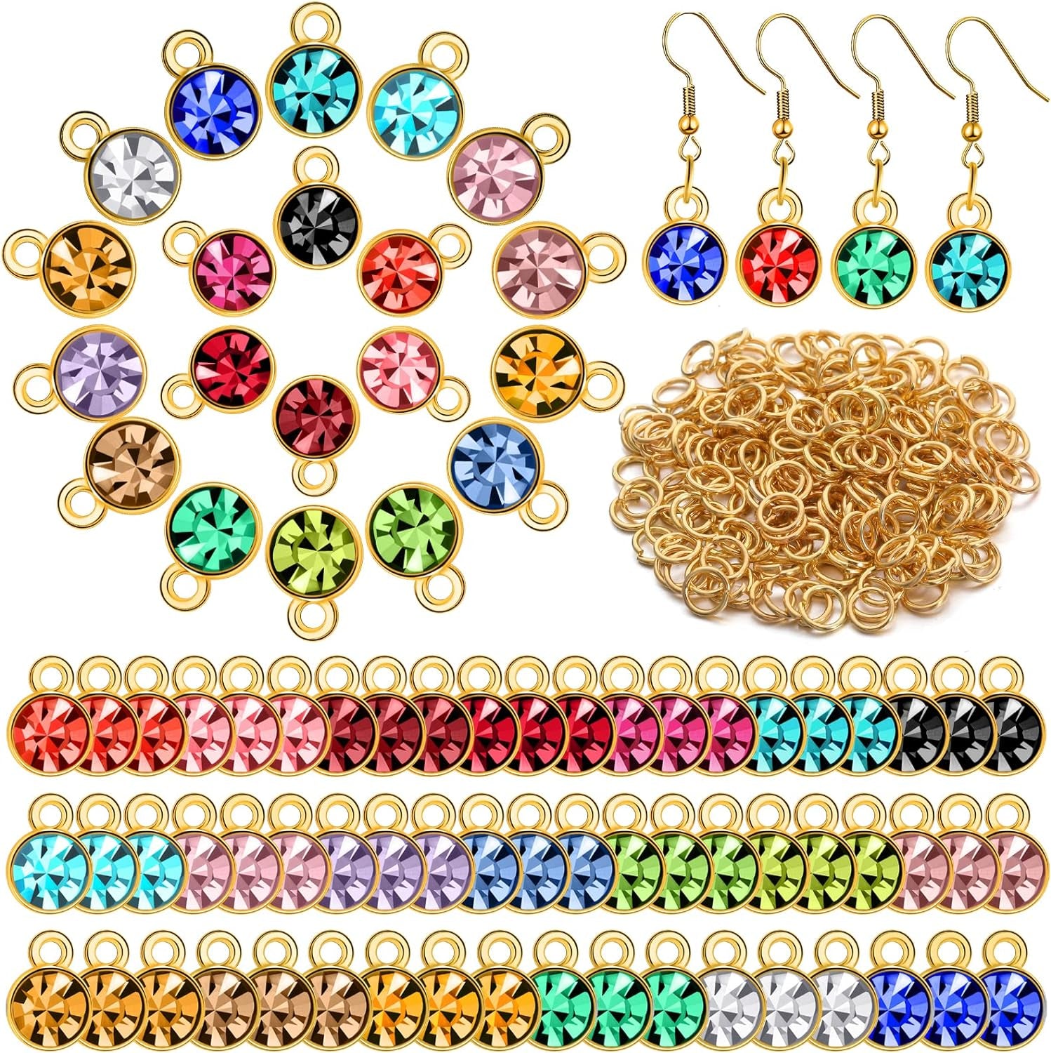 80 Pieces Crystal Birthstone Charms with 200 Jump Ring Handmade DIY Beads Pendant Mixed Color Birthstones for Jewelry Making round Charms for Bracelets Necklaces Jewelry Findings (Vivid Color)
