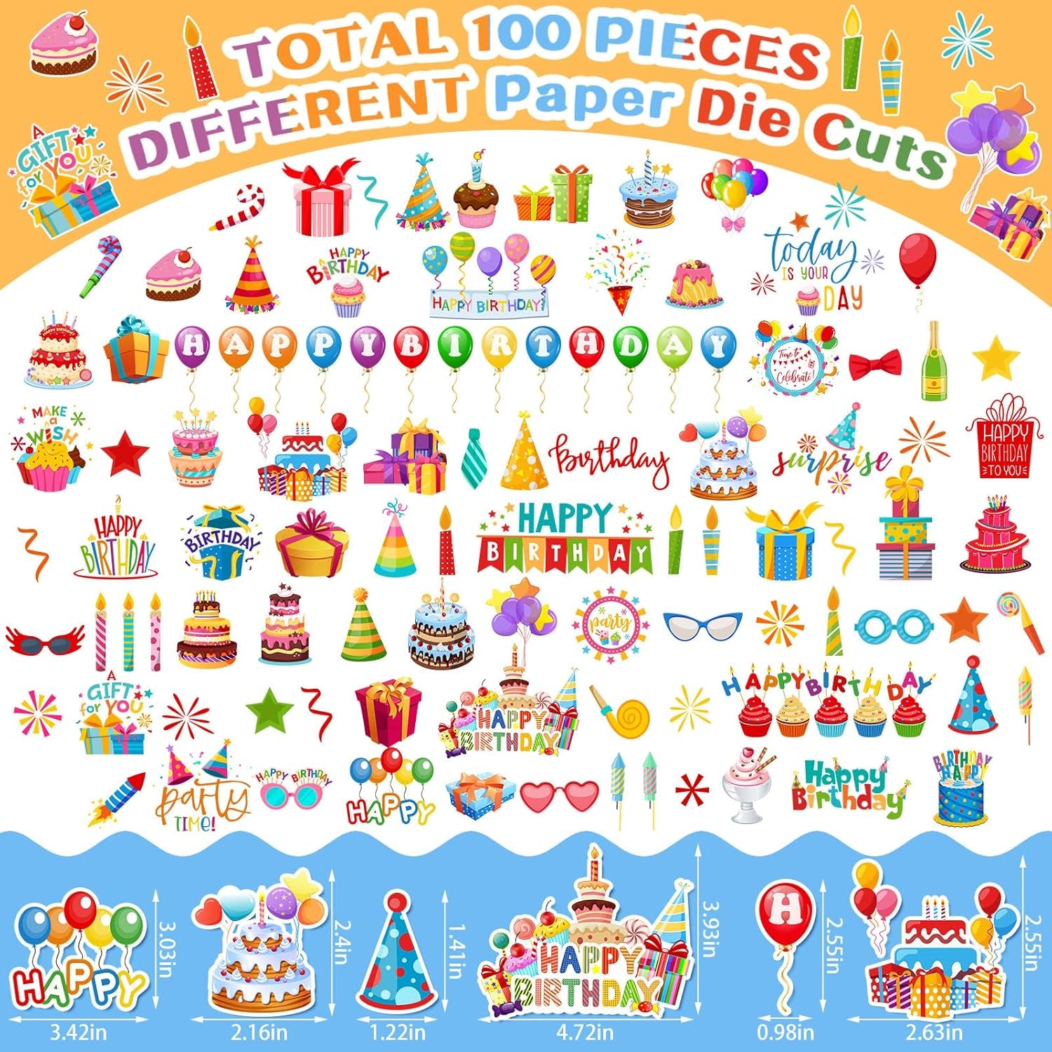 100 Pcs Birthday Paper Die Cuts Cardstock Birthday Scrapbook Die Cuts DIY Scrapbooking Cutouts for Birthday Scrapbook Notebook Suitcase Calendar Laptop Embellishments Supplies Craft Making Decoration