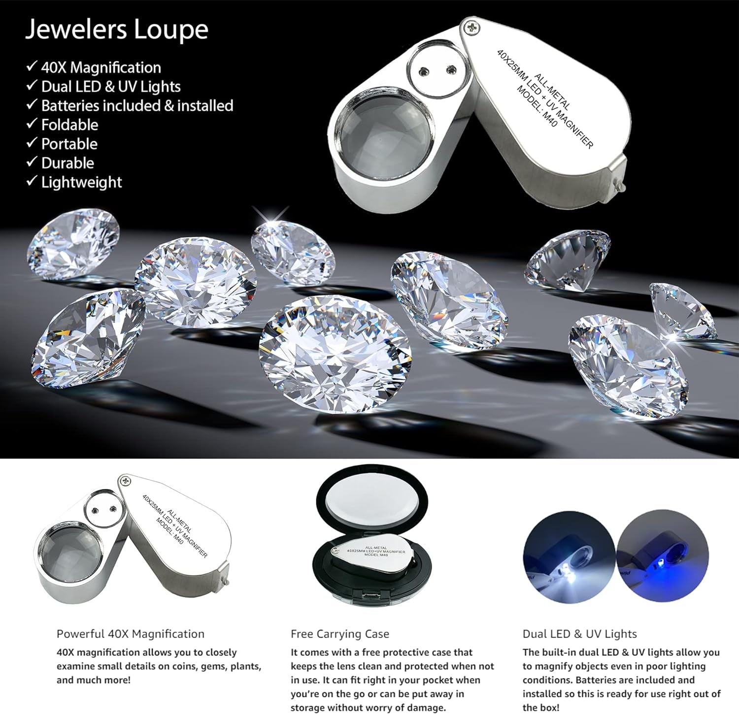 40X Jewelers Loupe with Light, UV Lighted Magnifying Glass Eye Loop, LED Illuminated Metal Pocket Magnifier for Jewelry, Currency, Plants, Coins, Diamonds, Stamps