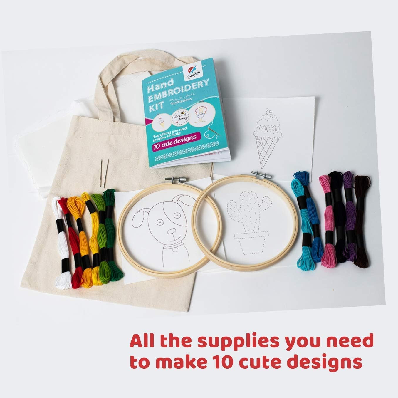 Embroidery Sewing Kit for Beginners, Kids Craft Kit Gift for Girls Boys Ages 8-12, 10 Projects, Embroidery Hoops, Fabric, Patterns, Floss, Needles, Needlepoint Cross Stitching Supplies