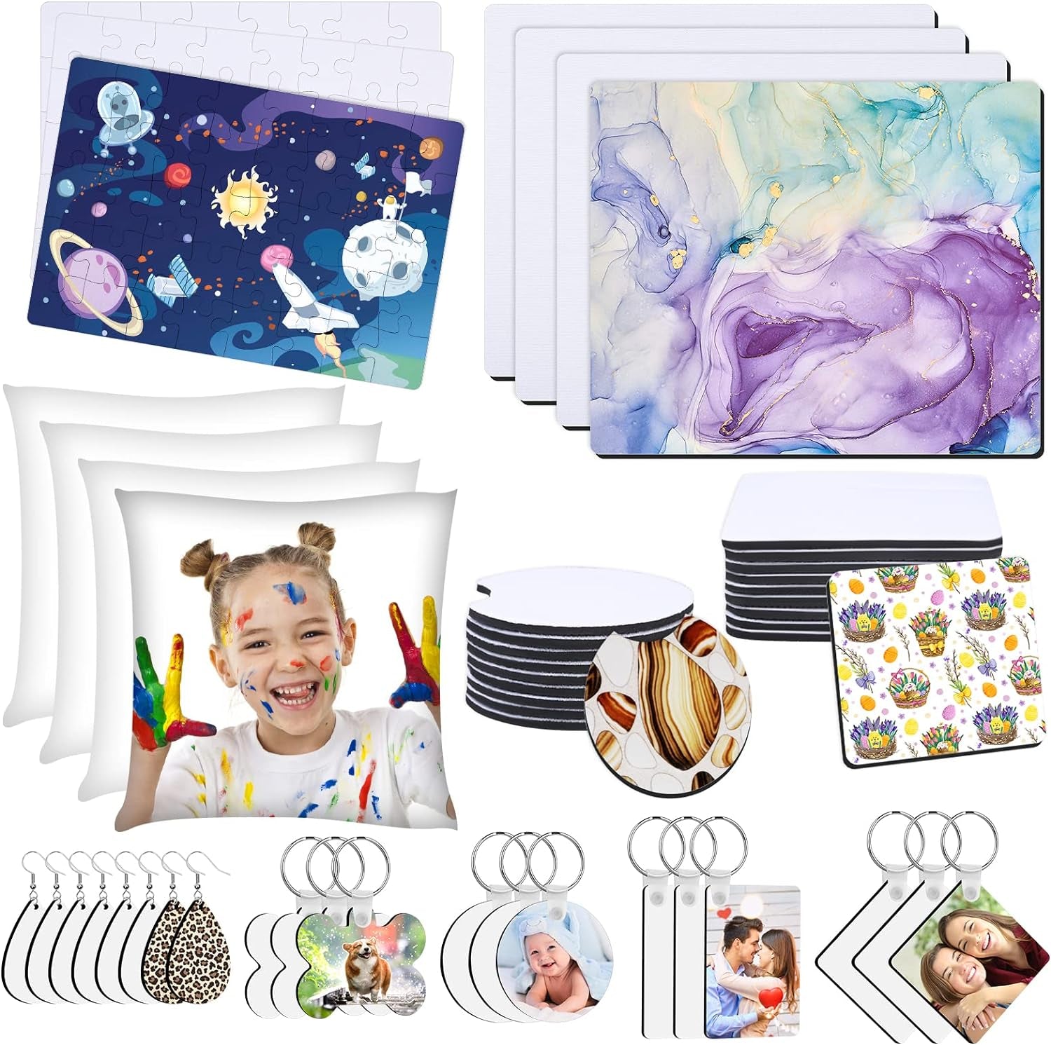 82 PCS Sublimation Blanks Products Set,  Christmas Craft Sublimation Starter Kit with 20 Car Coasters, 12 Keychains, 8 Earrings, 4 Mouse Pads, 3 Pillow Covers, 3 Puzzles