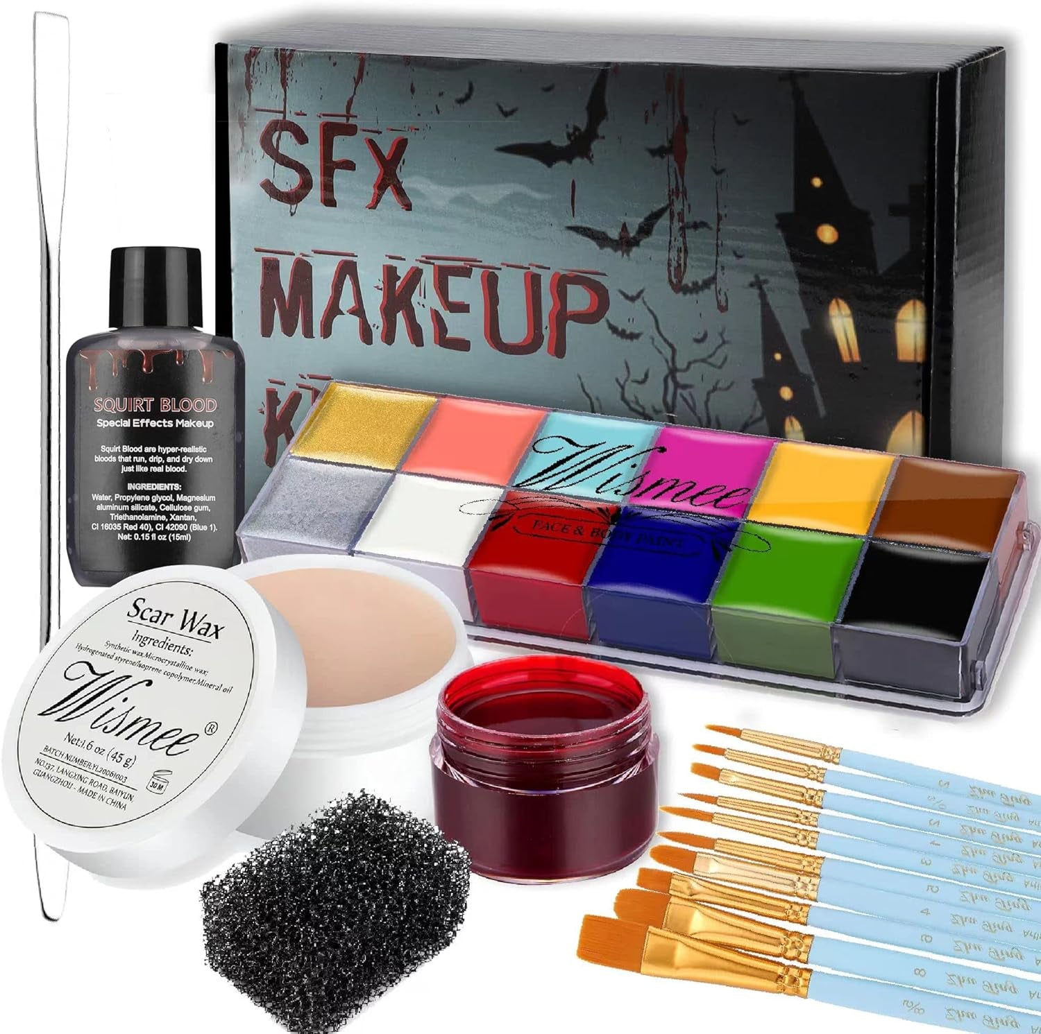 Face Paint Kit Sfx Makeup Special Effects Makeup Kit with Wound Scar Wax, Fake Scab Blood, Makeup Spatula for Halloween Cosplay Makeup Oil Based Professional Face Paint Makeup Palette Set