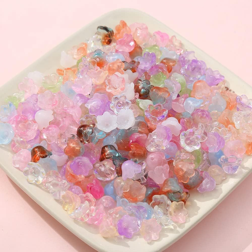 100Pcs Glass Bellflower Beads for Jewelry Making Mixed Color Trumpet Flower Beads Gradient Clear Cute Beads for Bracelets Making Aesthetic Beads Charms for DIY Necklace Decoration Gifts