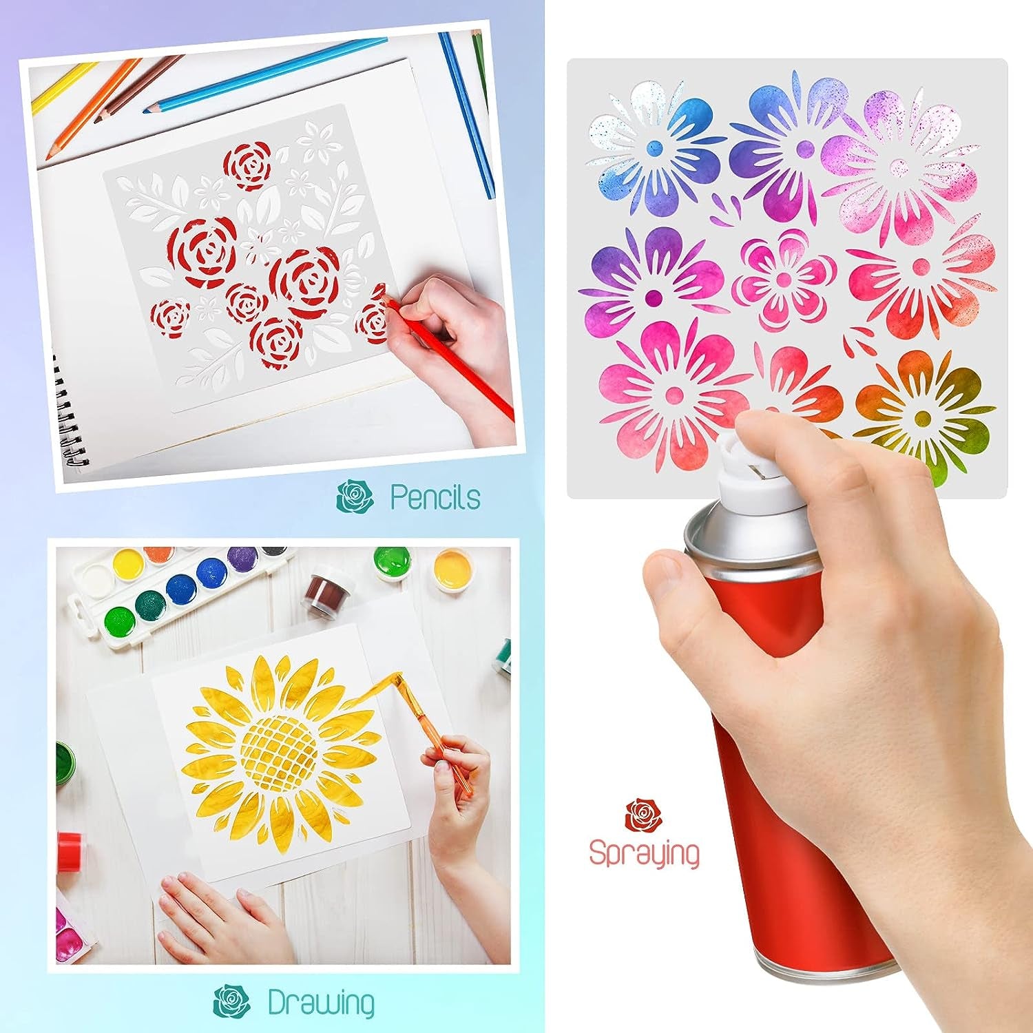 60 Pcs 6X6 Inch Flower Stencils for Painting on Wood Reusable Floral Stencils Bird Wall Stencil Butterfly Leaf Drawing Template DIY Craft Summer Stencils for Painting on Wood Wall Canvas