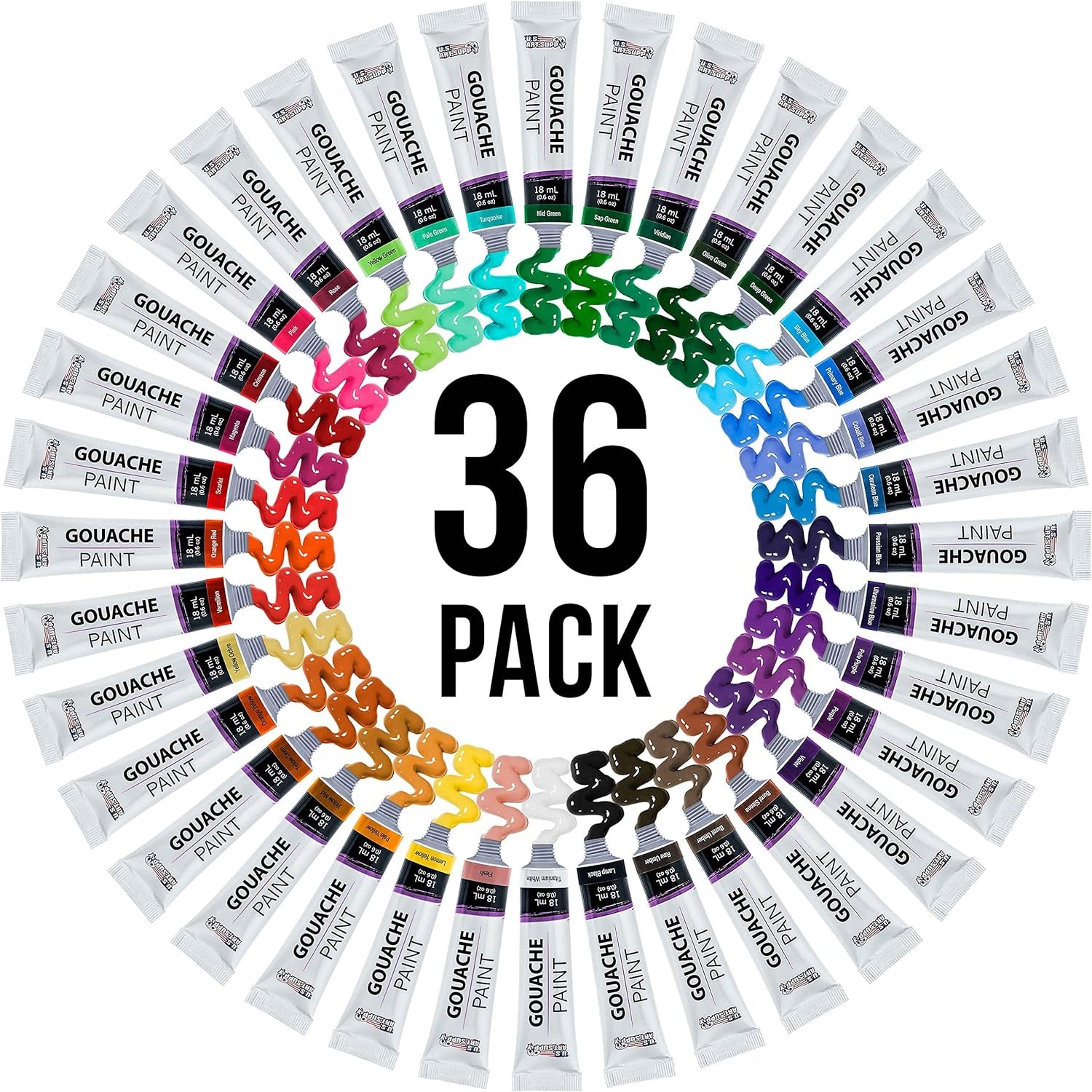 Professional 36 Color Set of Gouache Paint in Large 18Ml Tubes - Rich Vivid Colors for Artists, Students, Beginners - Canvas Portrait Paintings - Color Mixing Wheel