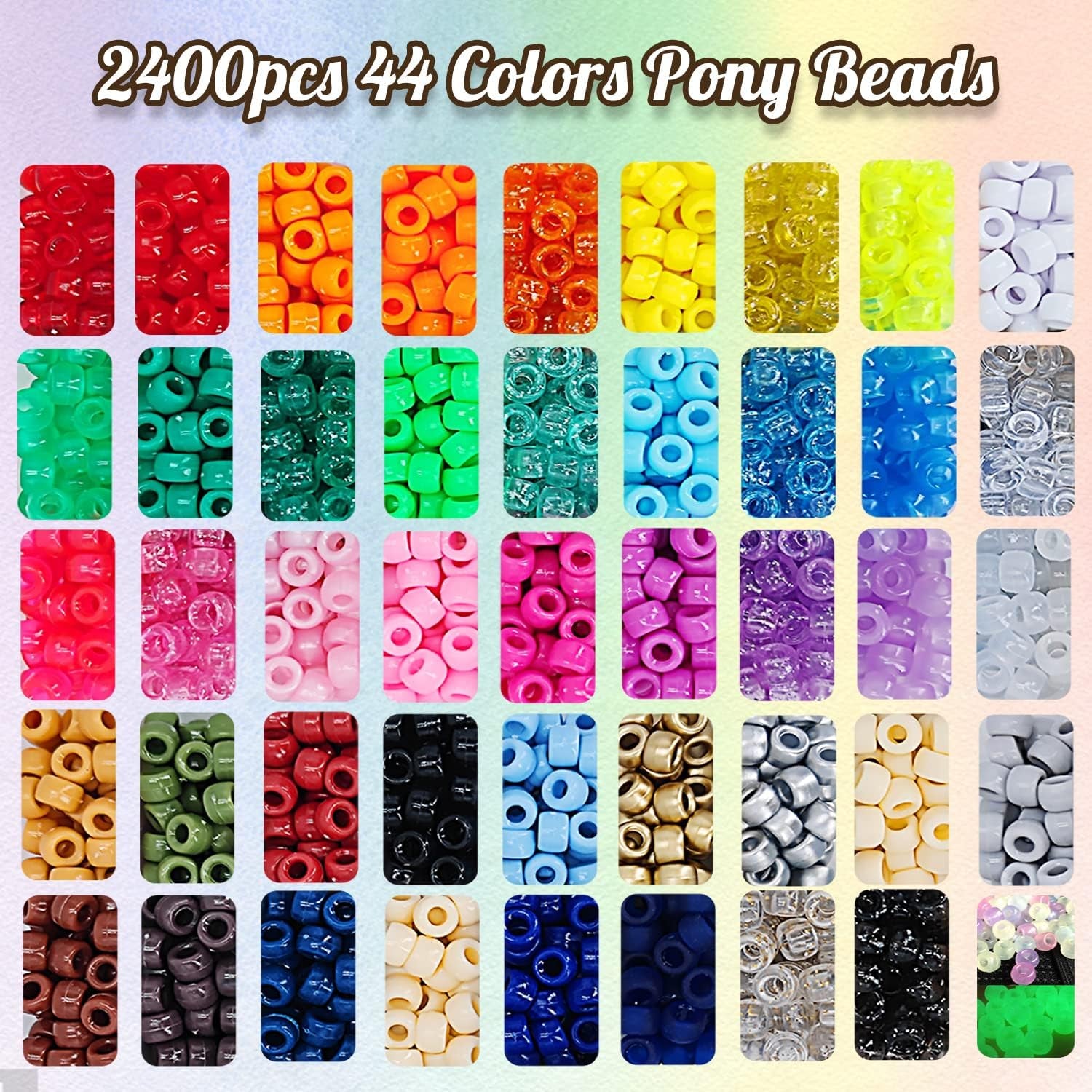 3430Pcs Pony Beads for Bracelets Making Kit, 44 Colors 2400Pcs Kandi Bracelet Kit with 720Pcs Letter Beads and 300Pcs Smiley Face Beads, Large Hole Beads for Jewelry Making, with Elastic Strings