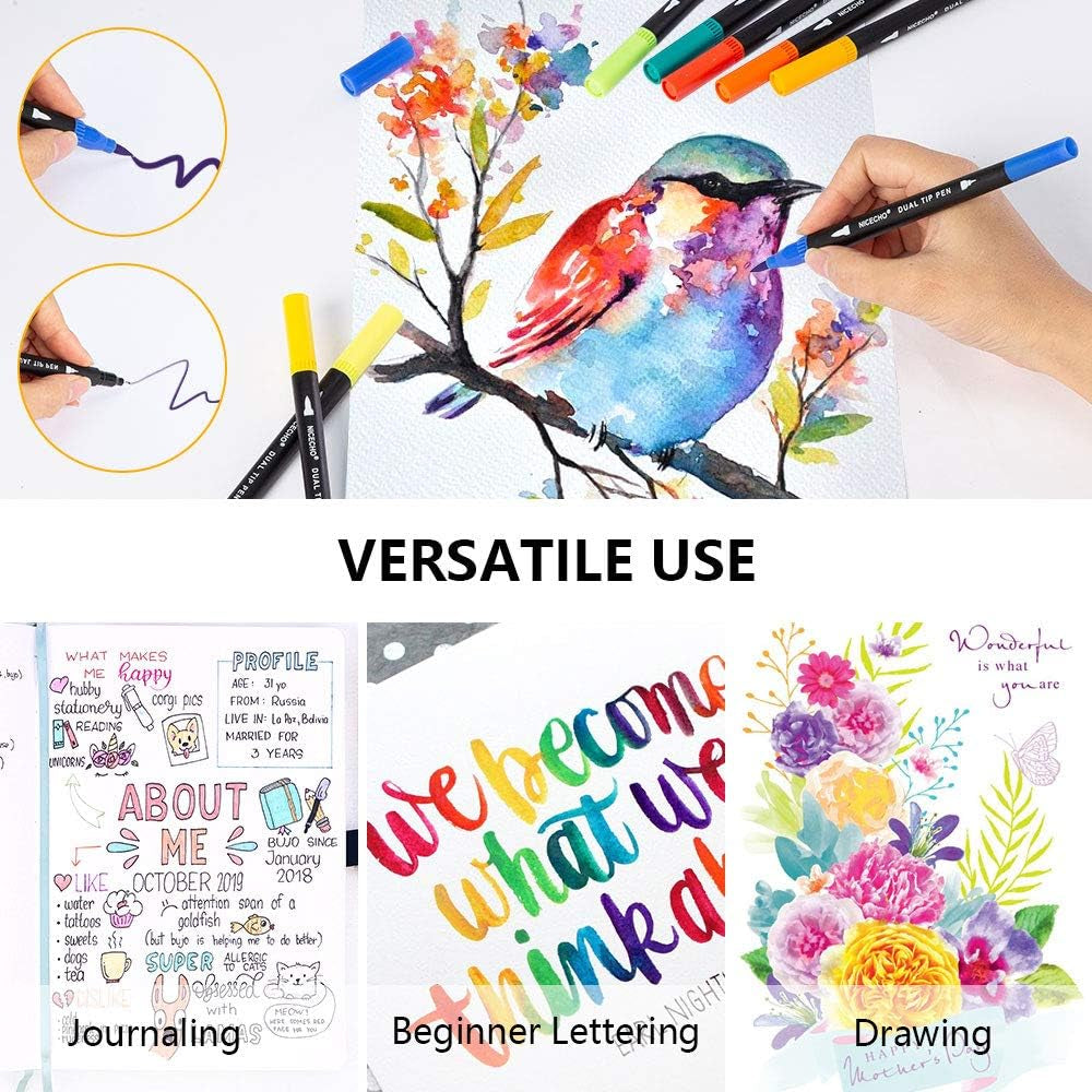 Art Markers Dual Brush Pens for Coloring, 60 Artist Colored Marker Set, Fine and Brush Tip Pen Art Supplier for Adult Coloring Books, Bullet Journaling, Drawing