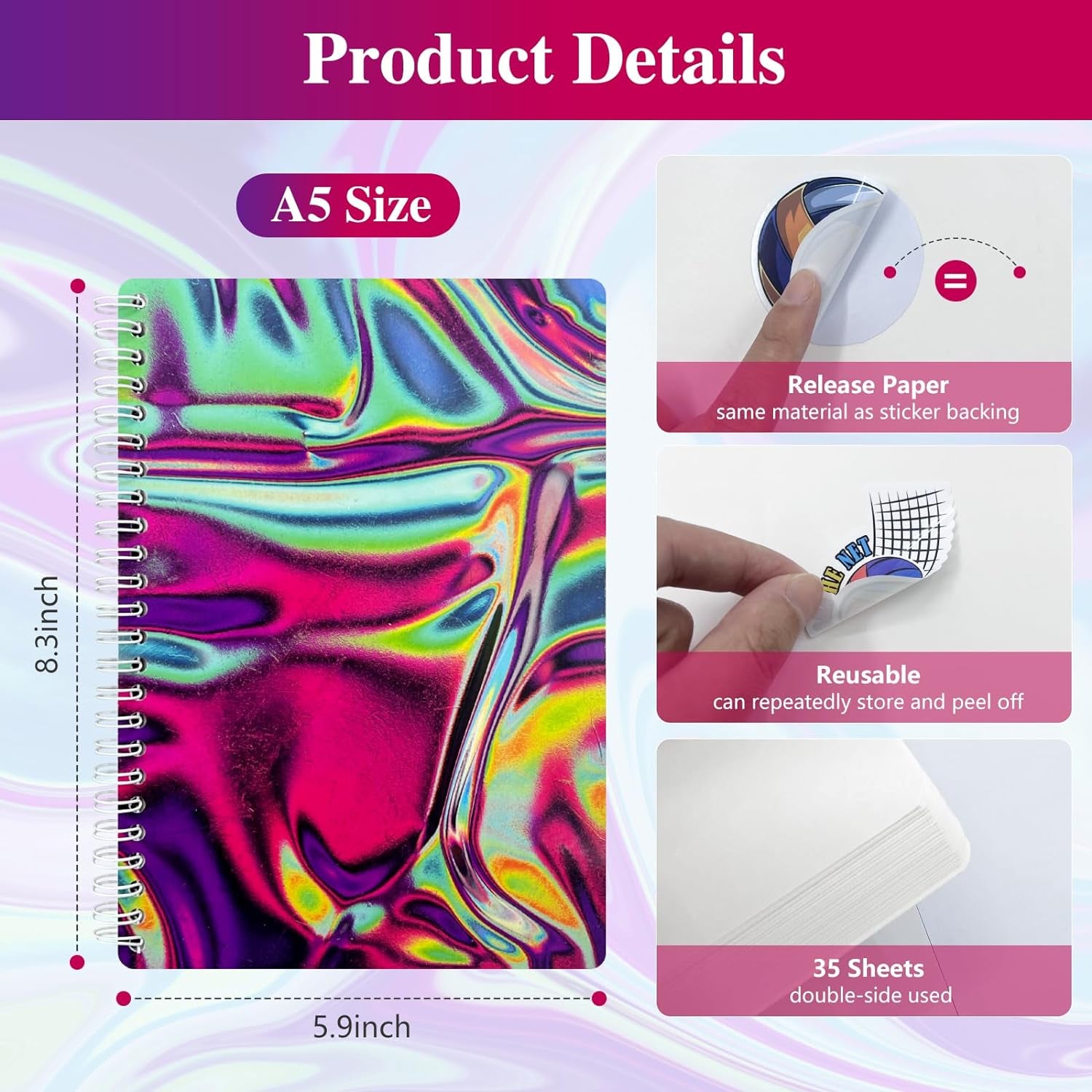 Reusable Sticker Book Collecting Album Sticker Storage Book for Adults Laser Style 35 Sheets A5 Size Release Paper Sticker Organizer Keeper (LS-1)