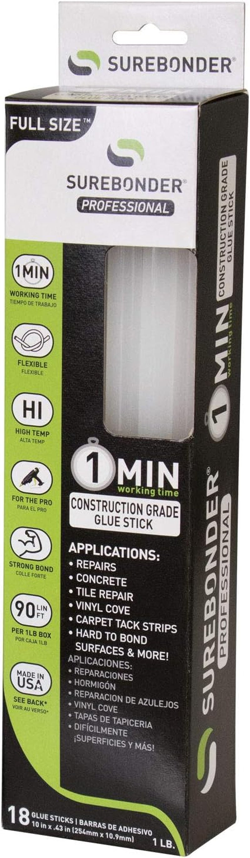 Construction Professional Grade Adhesive Hot Melt Glue Sticks - Full Size 10" L, 7/16" D - 1 Minute Working Time, for Home Repairs & Strong Bonds, Made in USA (CG-1R10T)