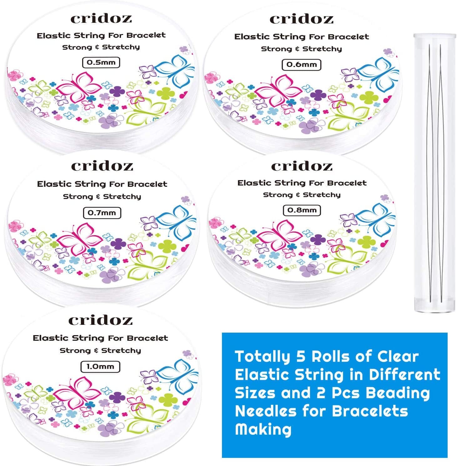 Stretchy String for Bracelets,  5 Rolls Clear Elastic String Stretch Cord Jewelry Bead Bracelet String with 2 Pcs Beading Needles for Seed Beads, Pony Beads