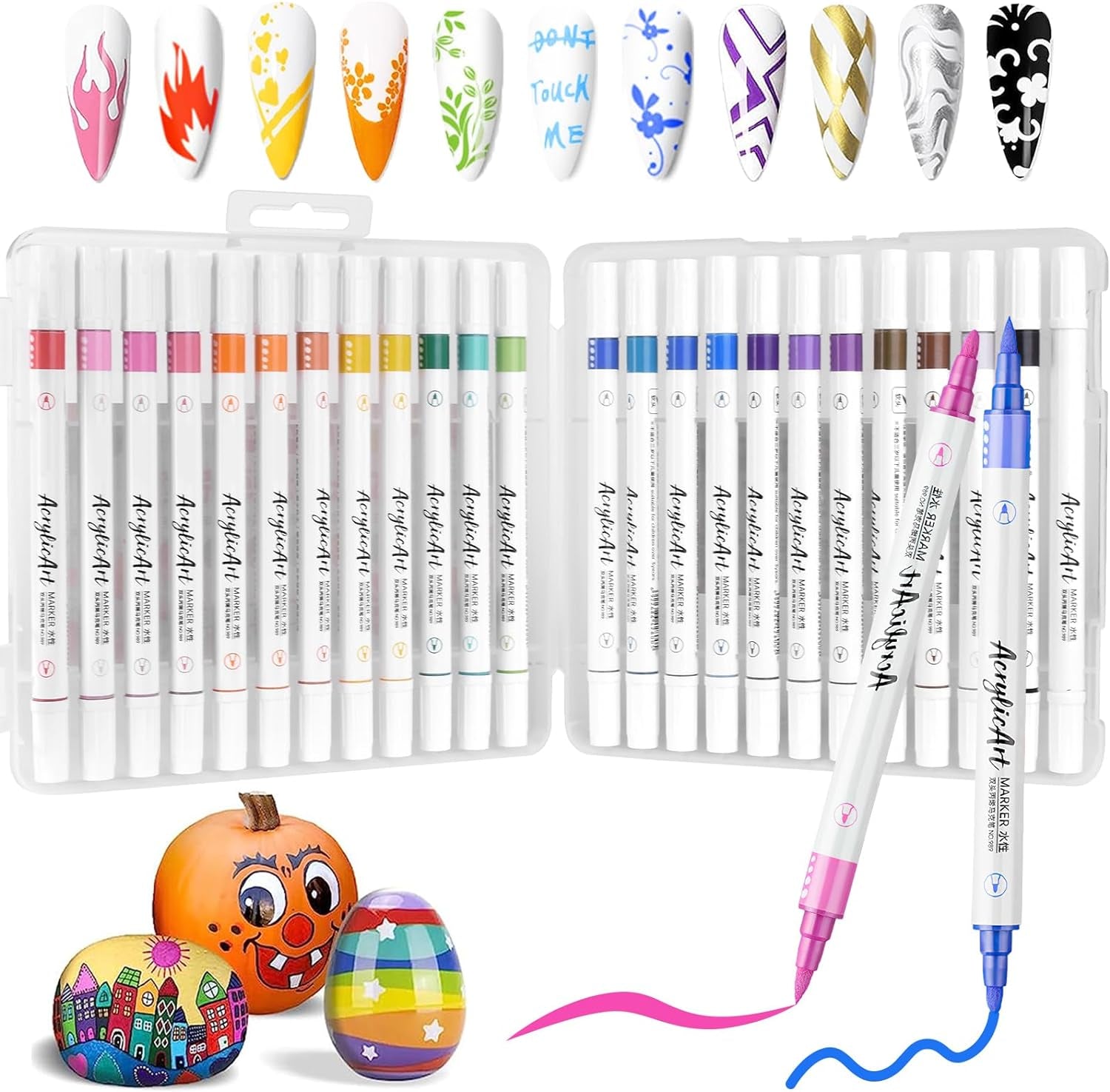 Acrylic Paint Pens, 24 Colors Dual Tip Nail Art Polish Pens with Fine Tip and Brush Tip, Acrylic Paint Markers for Rock Painting, Wood, Glass, Canvas, Calligraphy, Card Making, DIY Nail Beauty