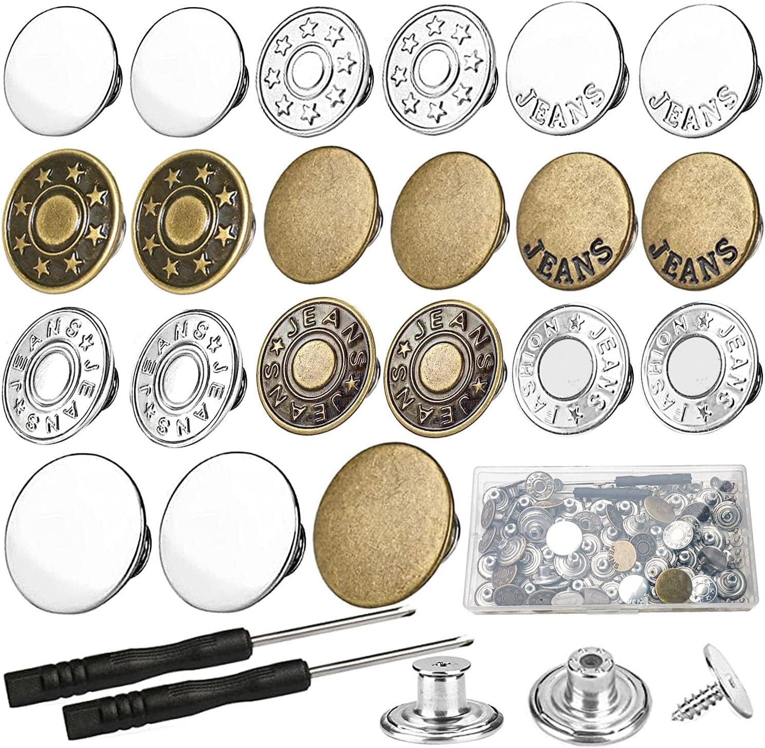 100 Sets Buttons for Jeans, 17Mm and 20Mm No-Sew Removable Adjustable Metal Jean Buttons Pins, Pants Jeans Button Replacement Tightener Repair Combo Thread Rivets and Screwdrivers in Storage Box