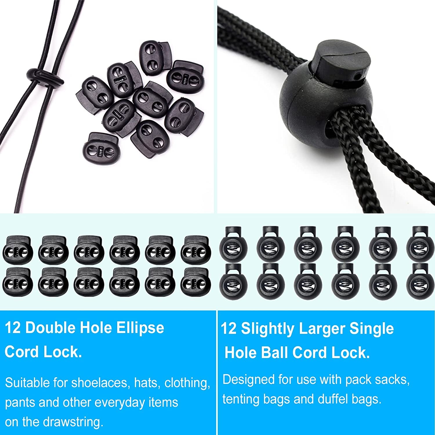48Pcs Upgraded Plastic Cord Lock, Cord Locks - Draw String Clip with Spring Toggle Stoppers Buttons for Drawstrings, Shoelaces, Paracord