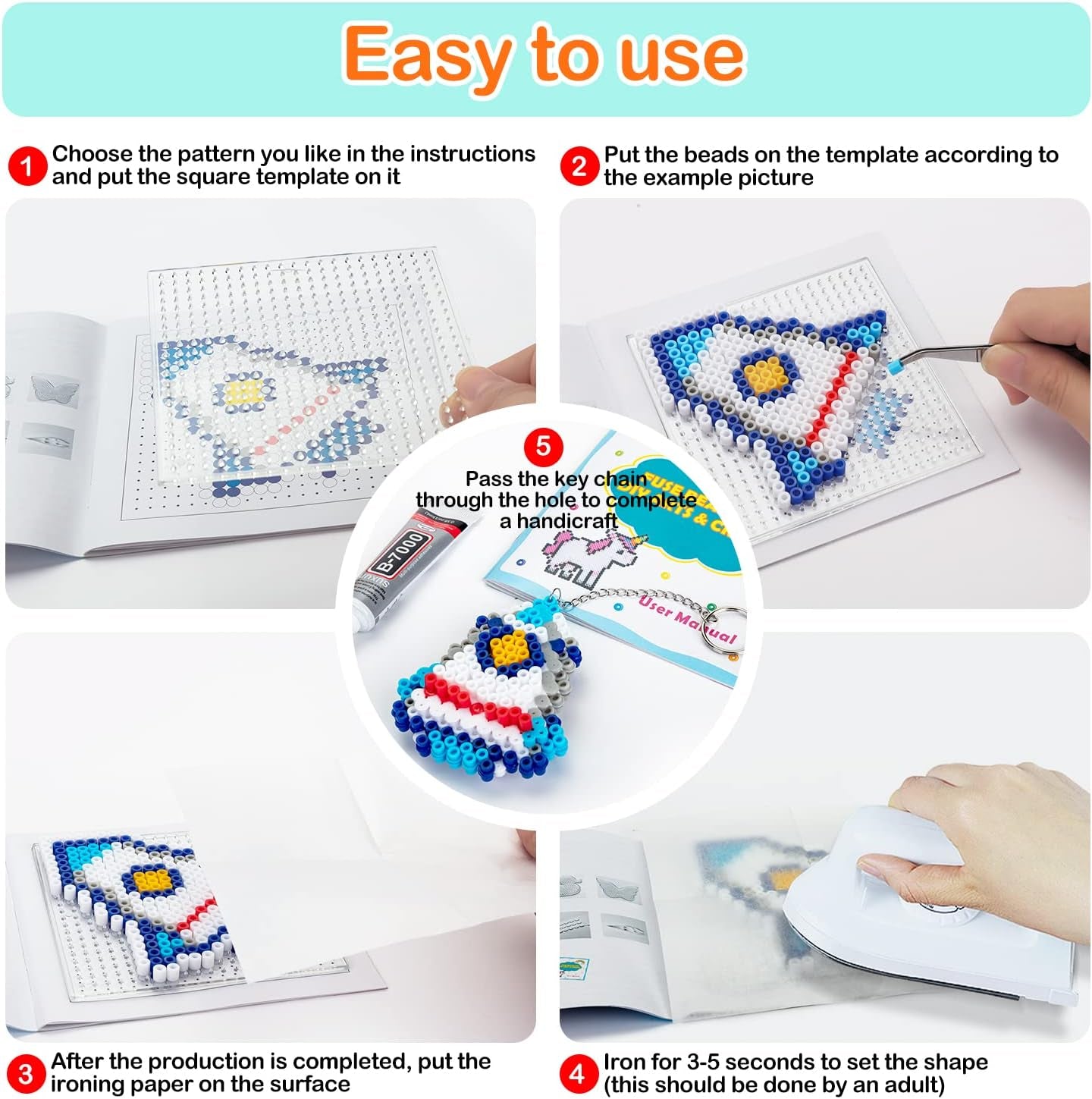 Sundymot Fuse Beads Kit - 10600 5Mm Beads Craft Set with Storage Box, Pegboard, Iron-On Paper and Other Accessories. Creative DIY for Boys and Girls, Ideal Christmas and Birthday Gifts