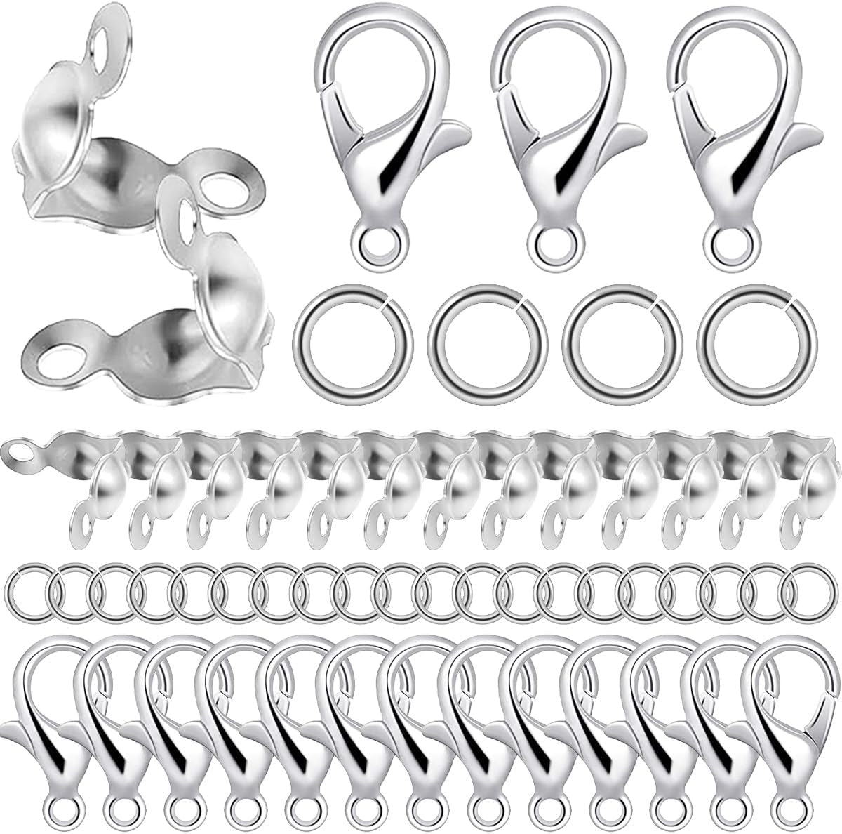 1000PCS Jewelry Making Accessories Set, 100 Lobster Claw Clasps 300 Crimp Beads Crimp Beads Clasps Caps 600 Open Jump Ring Connectors for DIY Bracelet Necklace Crafts Jewelry Making(Silver)