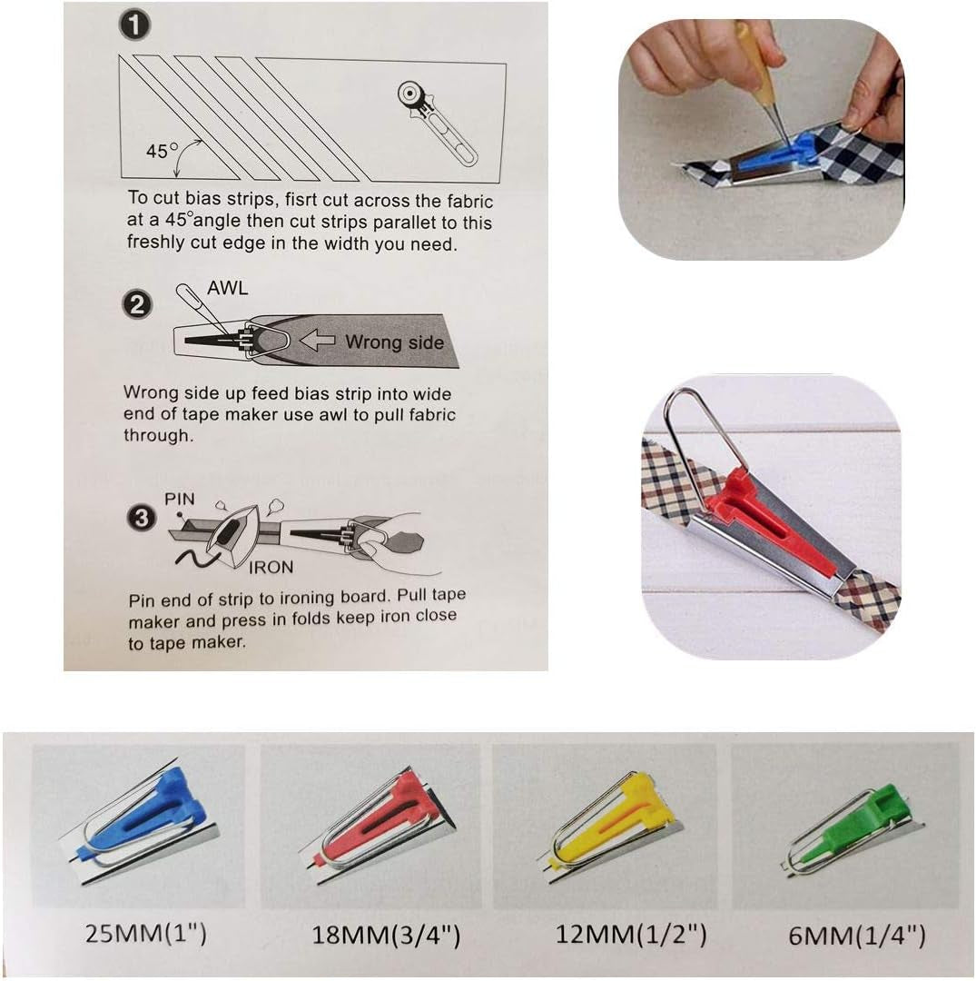 Bias Tape Maker Kits All 5 Sizes 6MM 9MM 12MM 18MM 25MM Binding Foot Craft Clips Awl Quilter'S Pin