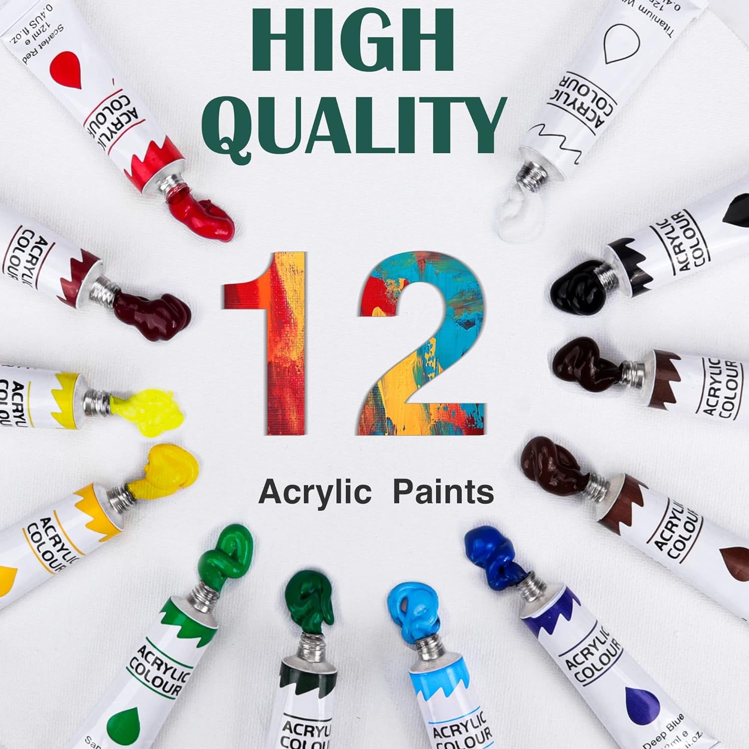 Acrylic Painting Set with 1 Packs / 10 PCS Nylon Hair Brushes 12 Color Tubes (12Ml, 0.4 Oz) 1 PCS Paint Plate and 4 PCS Canvas for Acrylic Painting Artist Professional Kits