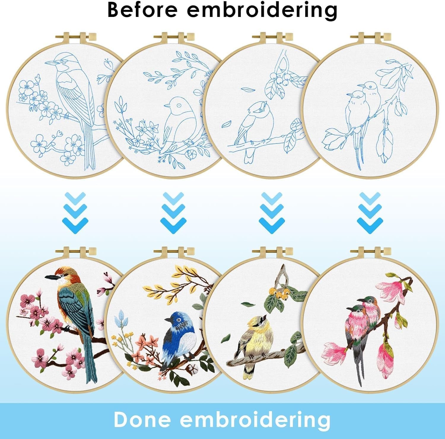 4 Sets Embroidery Kit for Beginners, Art Craft Handy Sewing Set Hummingbird and Flower Cross Stitch Starter Kits, DIY Embroidery Kits with Patterns and Instructions Hoops Needles Threads