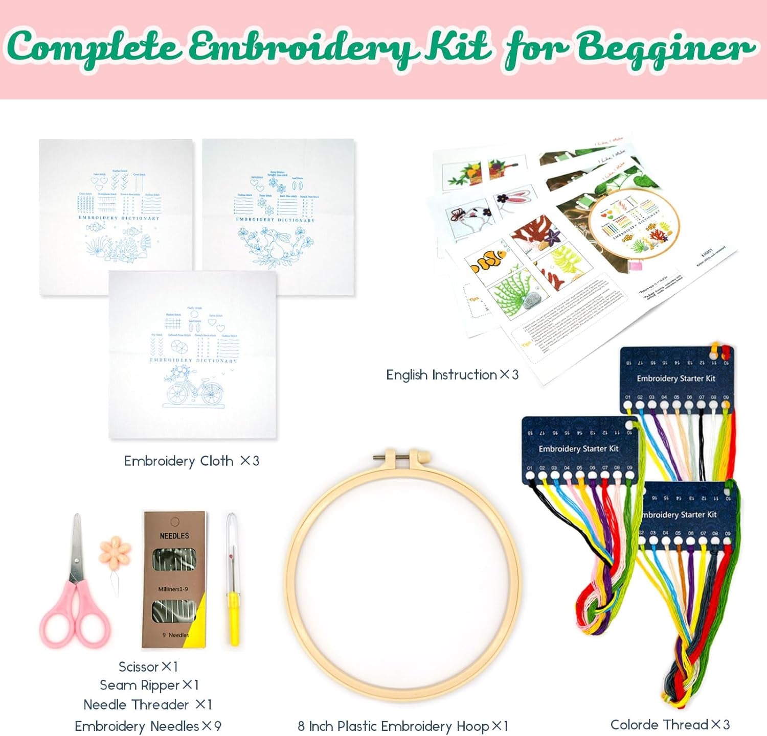 3 Sets Learn to Embroider Kit, Begginer Embroidery Kit for Adults, Embroidery Starter Kit with Patterns, Needles, Ajustable Hoop, Instructions