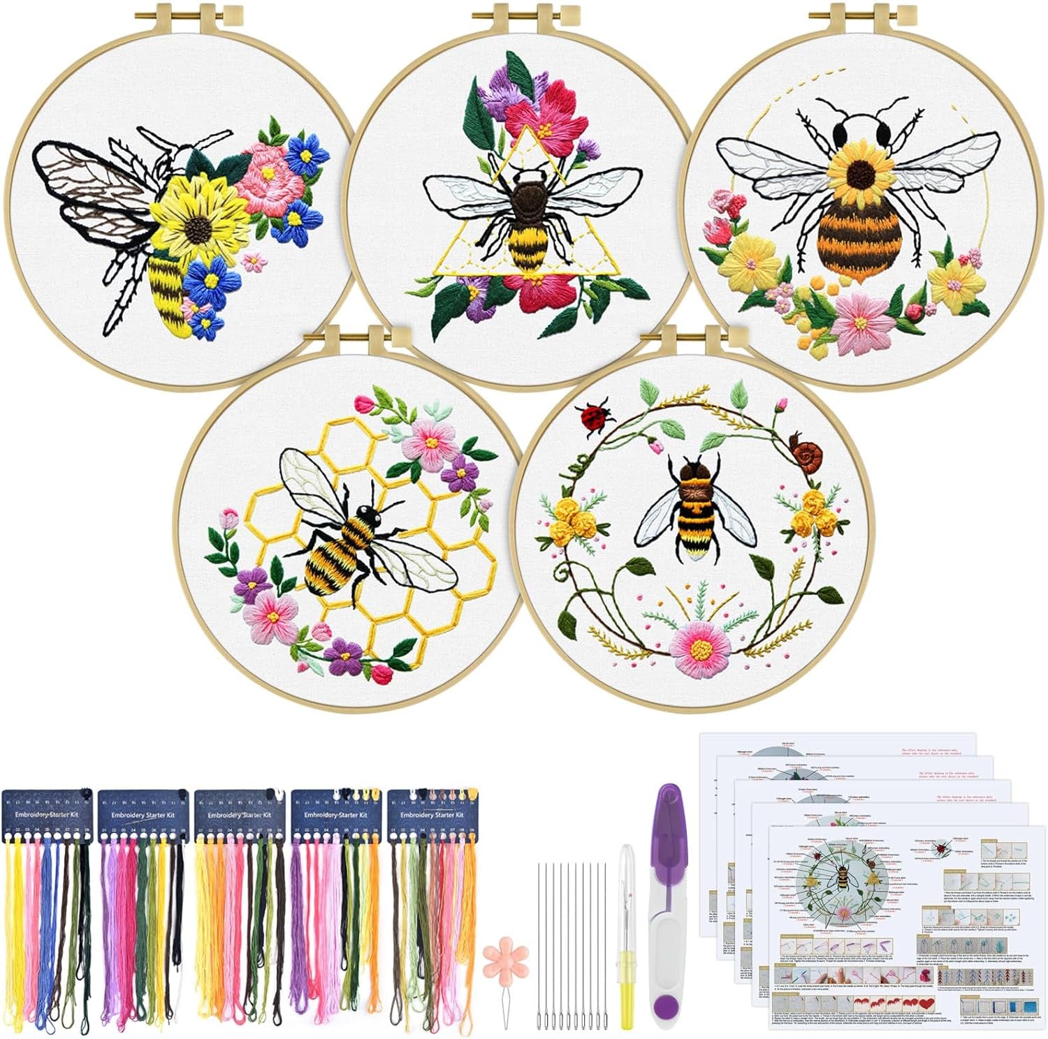 5 Sets Embroidery Kit for Beginners, Art Craft Handy Sewing Set Bees and Flowers Patterns Cross Stitch Starter Kits, DIY Embroidery Kits with Patterns and Instructions Hoops Needles Threads