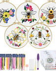 5 Sets Embroidery Kit for Beginners, Art Craft Handy Sewing Set Bees and Flowers Patterns Cross Stitch Starter Kits, DIY Embroidery Kits with Patterns and Instructions Hoops Needles Threads
