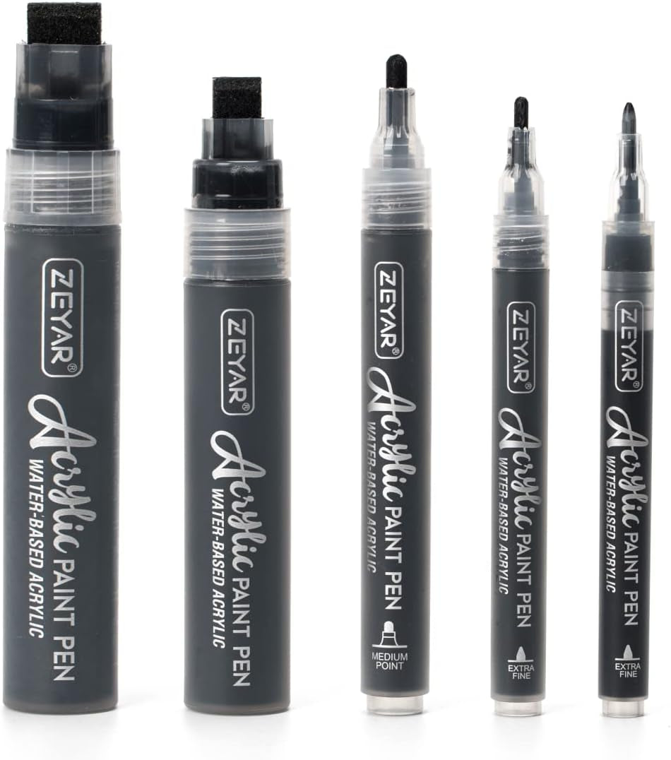Acrylic Paint Marker Pens, 5 Different Point: Extra Jumbo Felt(15Mm),Jumbo Felt(10Mm), Medium Bullet(2-3Mm), Fine(1Mm), Extra Fine(0.7Mm) (5 Black)