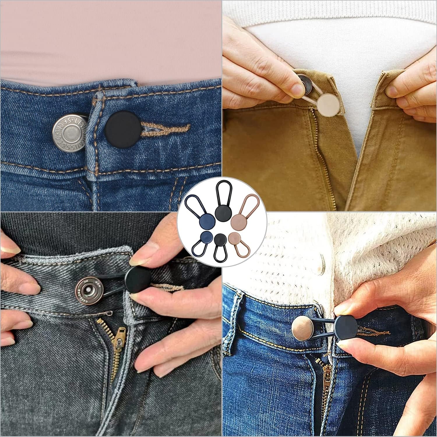 24 Pcs Button Extenders for Jeans, 6 Sizes Pants Button Waistband Extender, Flexible Adjustable Elastic Waist Extenders for Pants for Women Men, No-Sew Invisible Extenders Set Assorted Colors