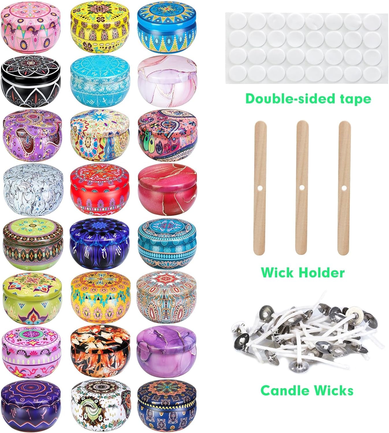 Candle Tins with Lid, 2.5Oz 24 Designs Tinplate Cans with Wicks, Wick Holders, Wick Stickers for Candle Making, DIY Arts and Crafts, Small Item Storage