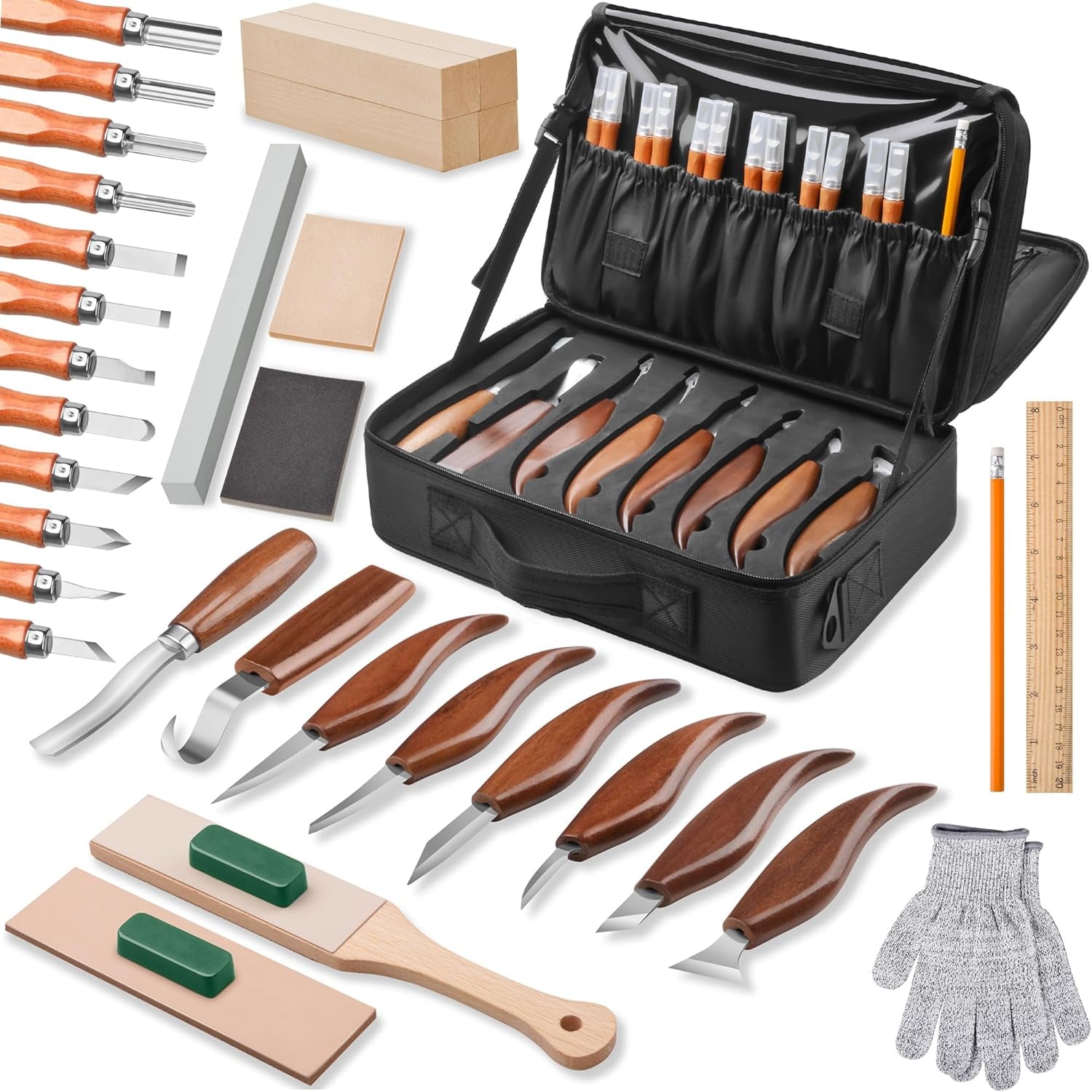26-In-1 Wood Carving Kit with Detail Wood Carving Knife, Whittling Knife, Wood Chisel Knife, Gloves, Carving Knife Sharpener for Spoon, Bowl, Kuksa Cup (26PCS)