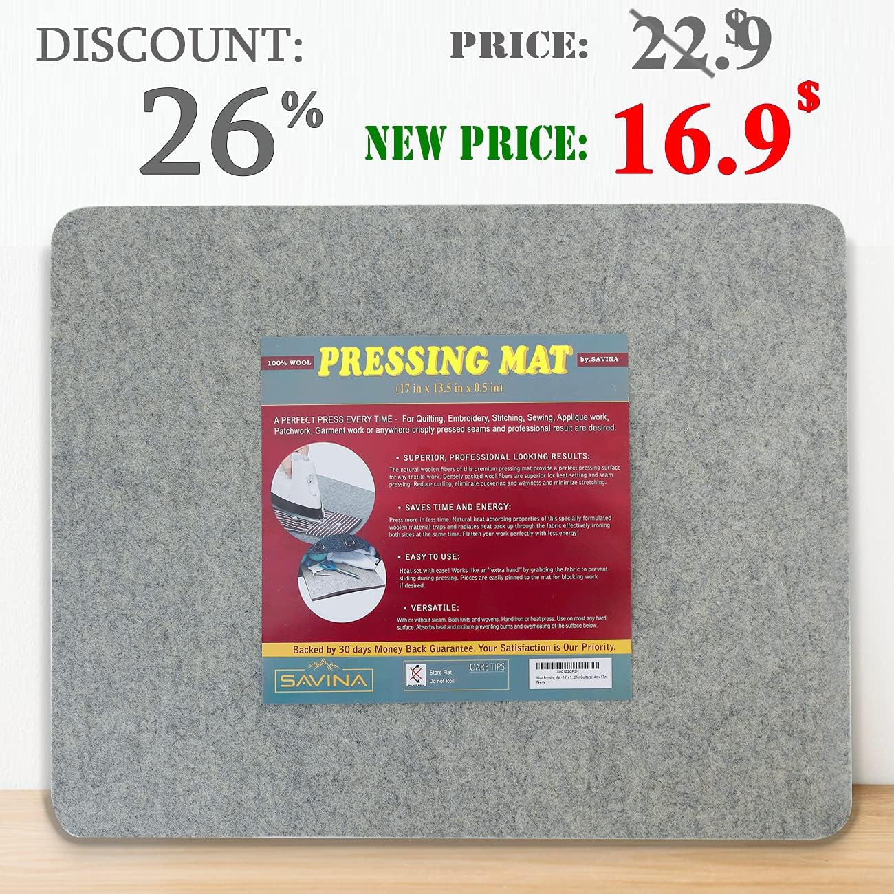 Wool Pressing Mat - 17&quot; X 13.5&quot; Quilting Ironing Pad - 100% New Zealand Felted Wool Iron Board for Quilters, Great for Quilting &amp; Sewing Projects by
