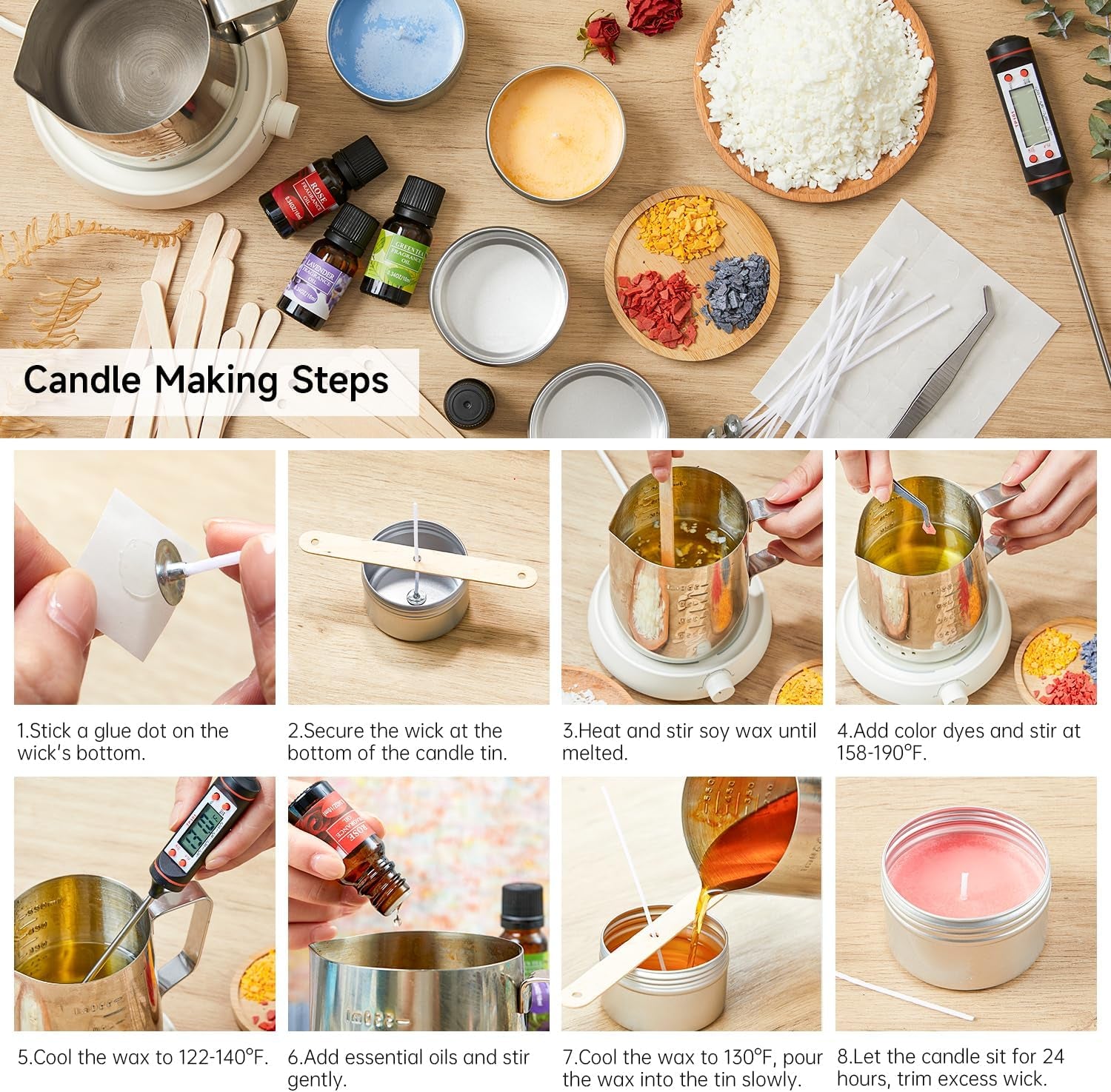 Candle Making Kit, DIY Candle Making Supplies with Candle Jars, Soy Wax, Candle Wicks, Color Dyes, Fragrance Oil and Capacity Pot, Candle Making Arts and Crafts for Adults and Beginners