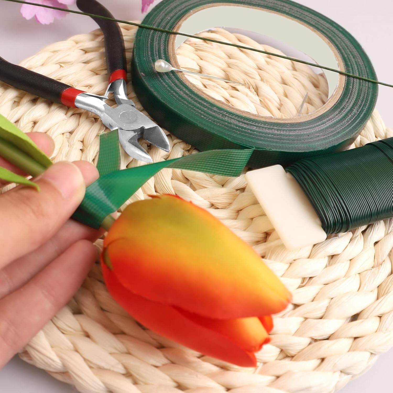 Floral Tape and Floral Wire Floral Arrangement Kit,Green Floral Tape and Boutonniere Pin White Ribbon Wire Cutter 22 Guage Floral Stem Wire for Wreath Making Supplies