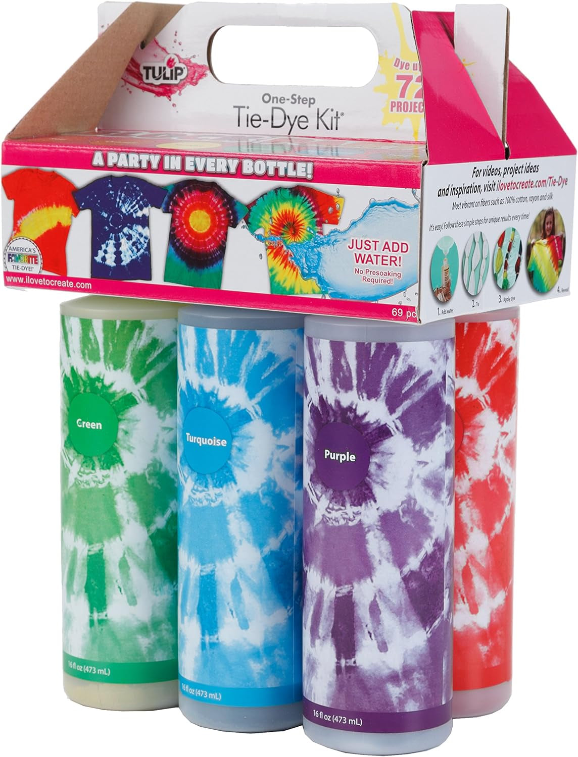 One-Step Tie-Dye Kit Extra Large Block Party 16 Oz Easy Squeeze Bottles, All-In-1 Kit for Group Activity Tie-Dye, 6, Vibrant Colors