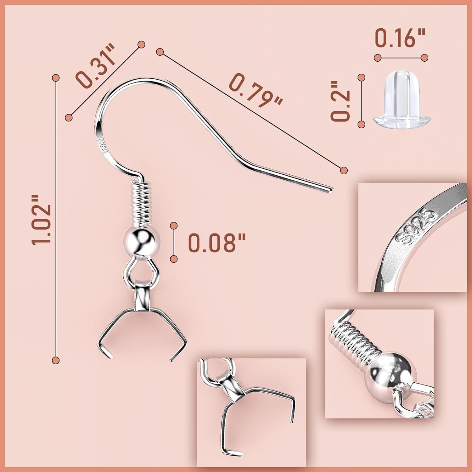 Earring Hooks with Pinch Bails Clasp 80 Pcs/40 Pairs, 160 Pcs Earring Making Supplies Kit with Earring Backs for Jewelry Making, Hypoallergenic Ear Wires Fish Hooks (Silver)