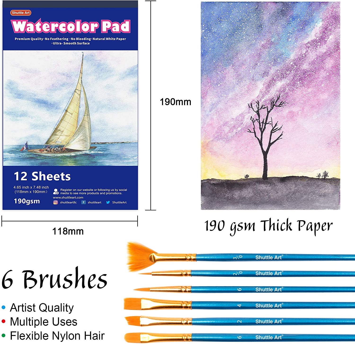 43 Pack Watercolor Paint Set, 36 Colors Watercolor Paint Pan Set with 6 Brushes and 1 Watercolor Pad for Beginners, Artists, Kids & Adults Watercolor Painting, Bullet Journal, Calligraphy