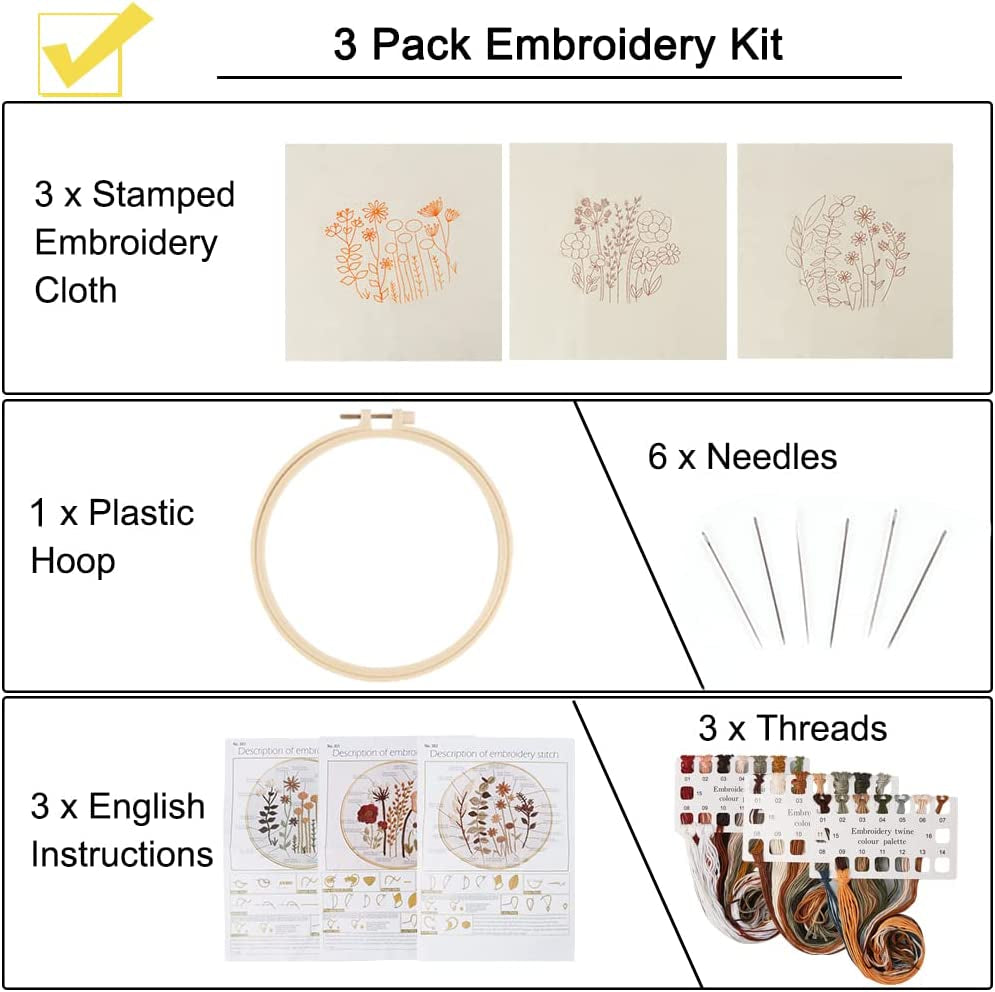 3 Pack Embroidery Starter Kit for Beginners Stamped Cross Stitch Kits with Cute Flowers and Plants Patterns with 1 Embroidery Hoop and Color Threads for Adults Kids