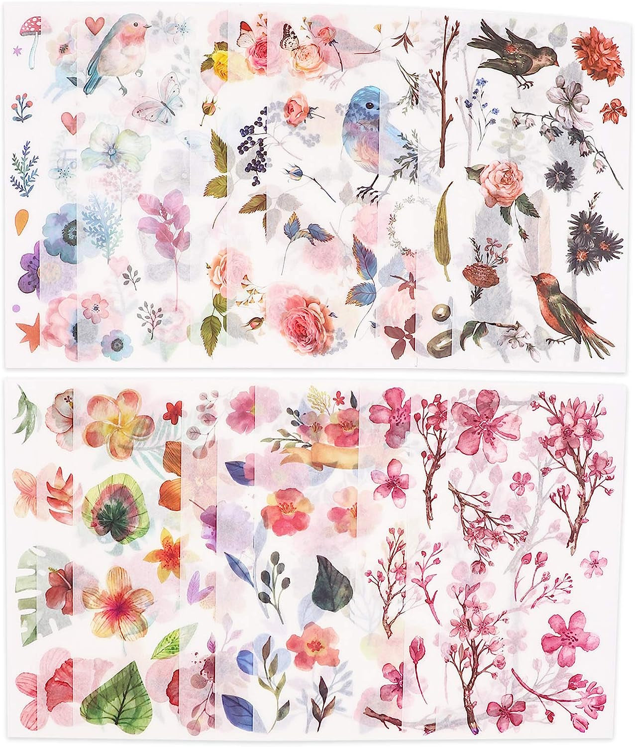 Watercolor Birds and Flowers Stickers Set - Decorative Sticker for Scrapbooking, Kid DIY Arts Crafts, Album, Bullet Journaling, Junk Journal, Planners, Calendars and Notebook
