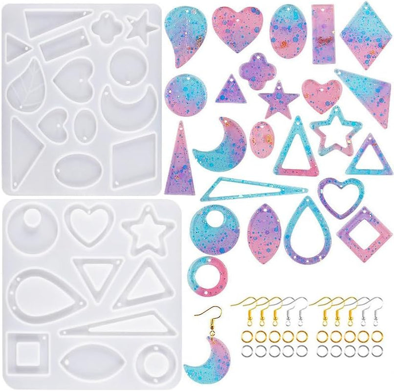 44PCS Resin Earring Molds, Silicone Molds for Epoxy Resin, Geometrical Flower Leave Heart Shaped Epoxy Silicone Casting Molds for Jewelry Pendant Keychain Charm, Resin Epoxy Kit
