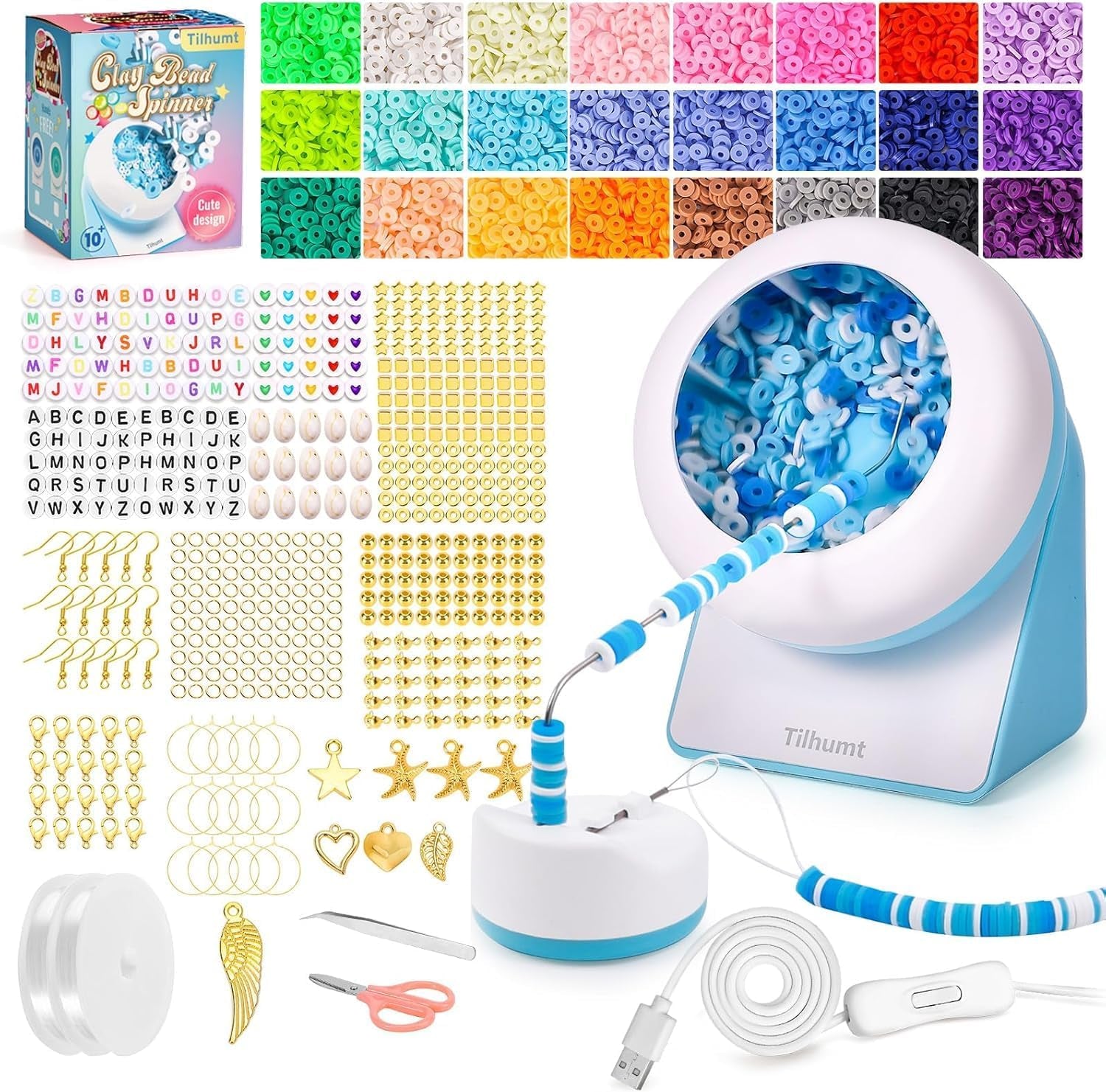 Bead Spinner with Clay Beads, Gift Beading Set for Girls, 2112Pcs Bracelet Making Kit with Electric Bead Spinner for Jewelry Making, Automatic Bracelet Maker for Making Friendship Bracelets