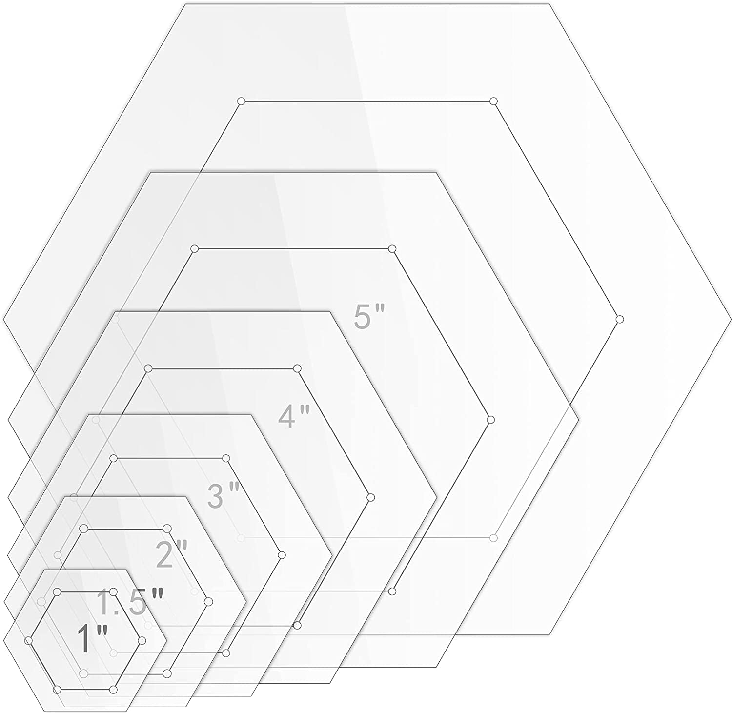 6 Pieces Hexagon Quilting Templates 1 Inch, 1.5 Inch, 2 Inch, 3 Inch, 4 Inch, 5 Inch with 1/4 Inch Seam Allowance, Acrylic Quilting Templates for DIY Quilting Sewing Crafts