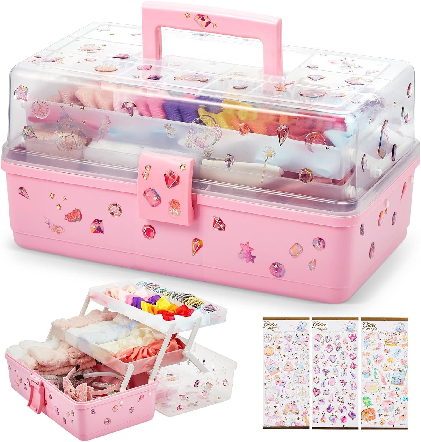 Hair Accessories Organizer 13 Inch Hair Accessories Storage Box with Fold Tray and Handle 3 Layers Plastic Tool Box Hair Accessories Organizer Box for Art Sewing Nail with Stickers (Blue)
