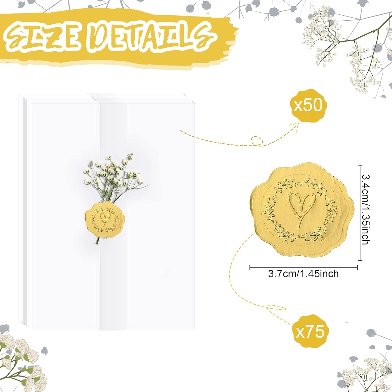 50 Pcs Wedding Invitations Wraps Set Include Pre Folded Vellum Jackets for 5X7 Invitations Natural Dried Pressed Flowers Gold Self Adhesive Envelope Seal Stickers for Craft DIY