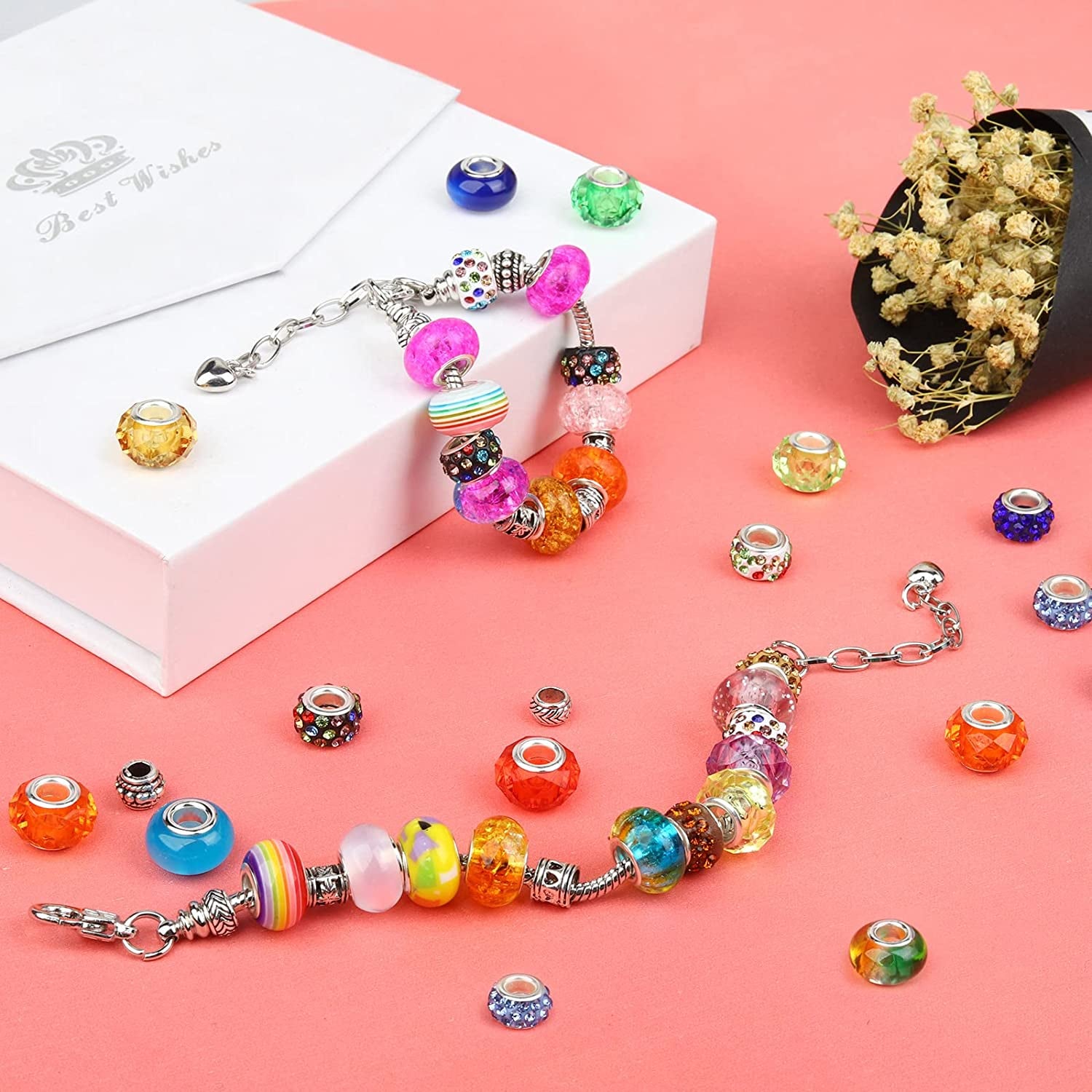 250Pcs Large Hole Beads for Jewelry Making,  200Pcs European Bulk Glass Rhinestones Lampwork with 50+Pcs Silver Spacer DIY Craft Bracelet Necklace Earring Making