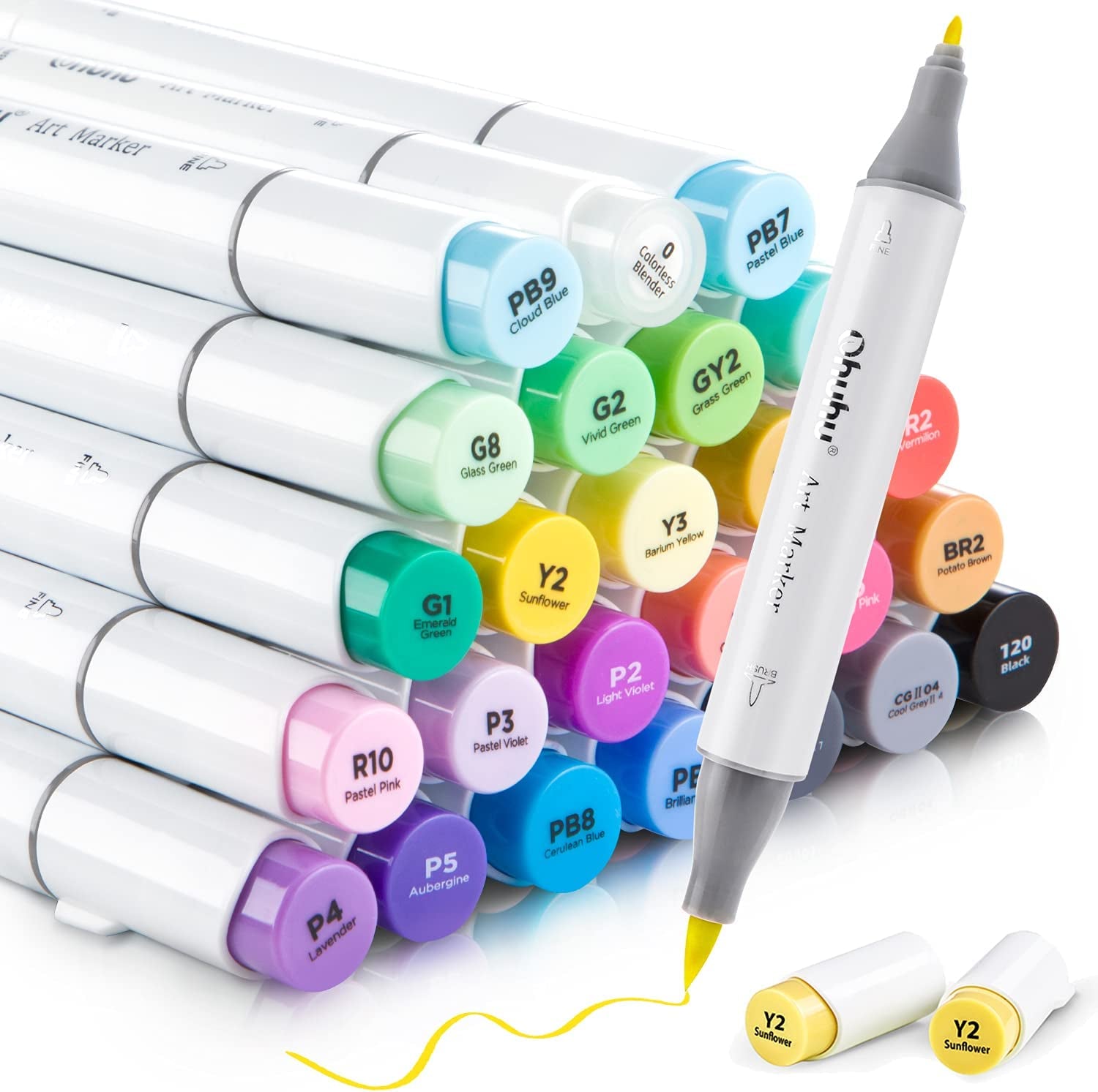 Alcohol Markers Brush Tip, Double Tipped Alcohol Based Art Marker Set for Kids Artist Sketching Adult Coloring Illustration - 24 Basic Colors W/ 1 Colorless Blender - Brush & Fine - Honolulu B