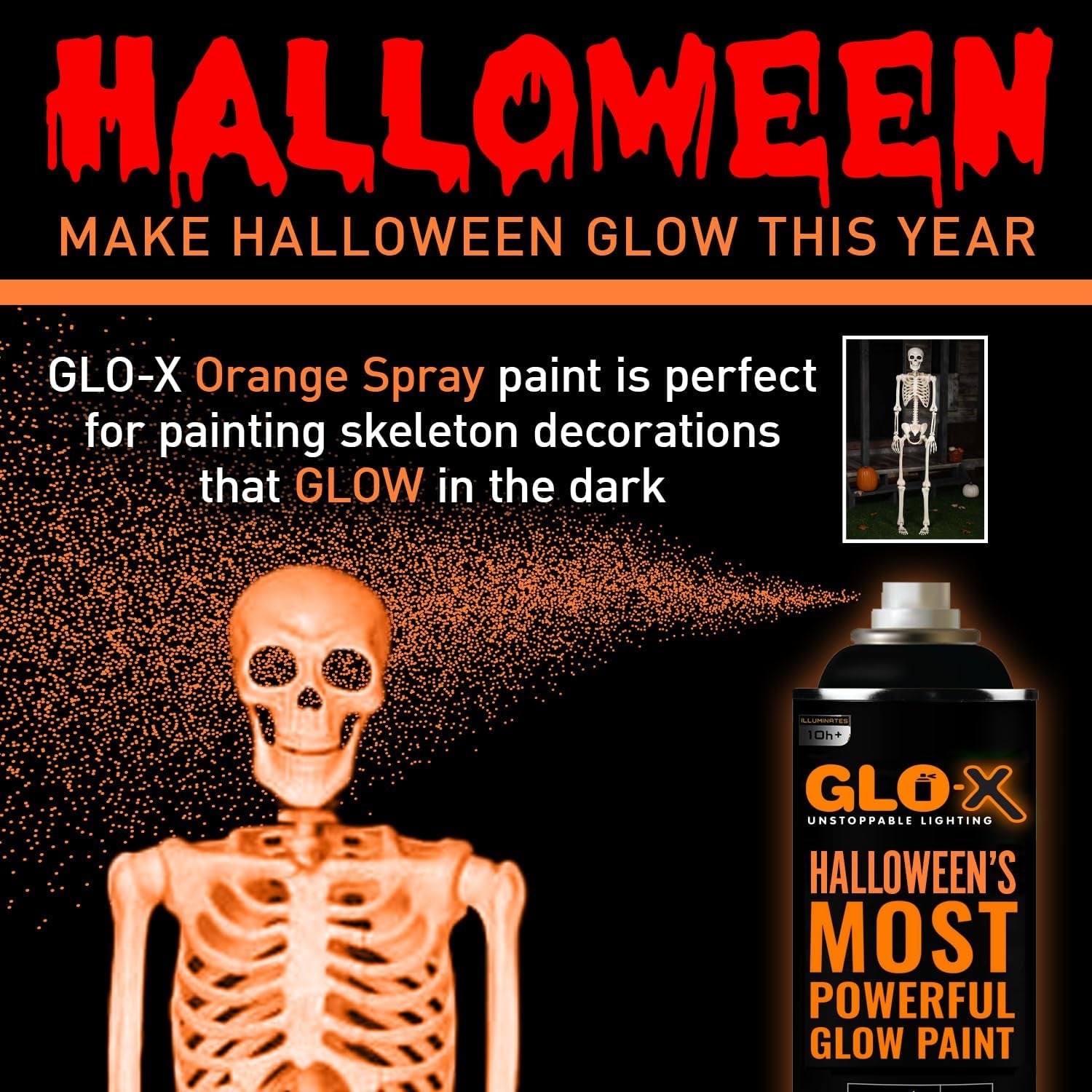 Orange Halloween Glow in the Dark Spray Paint - Make Indoor and Outdoor Halloween Decorations Glow Neon Fluorescent in the Dark - Metal Plastic Fabric